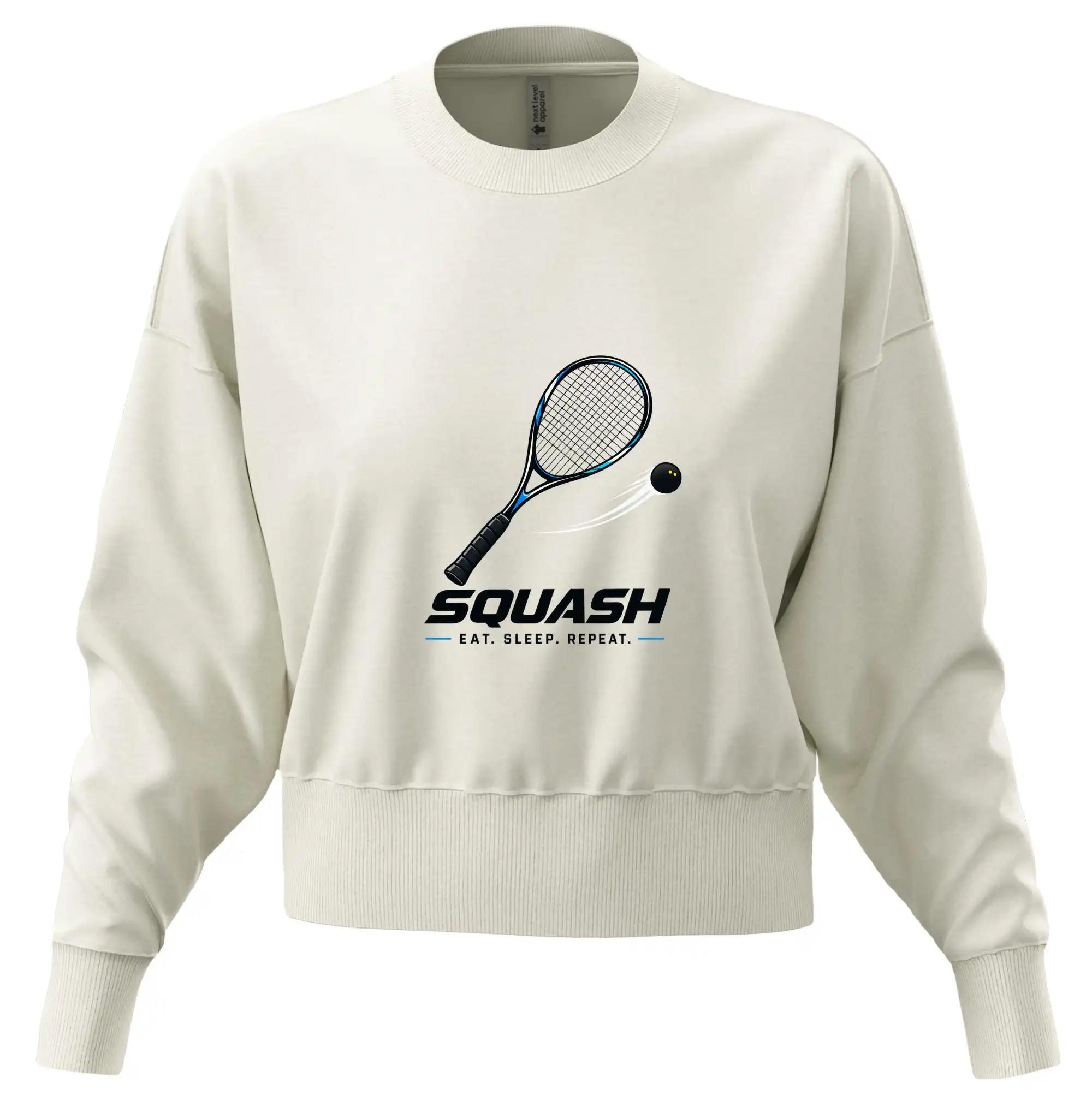 Squashová raketa a černý míček eat sleep repeat