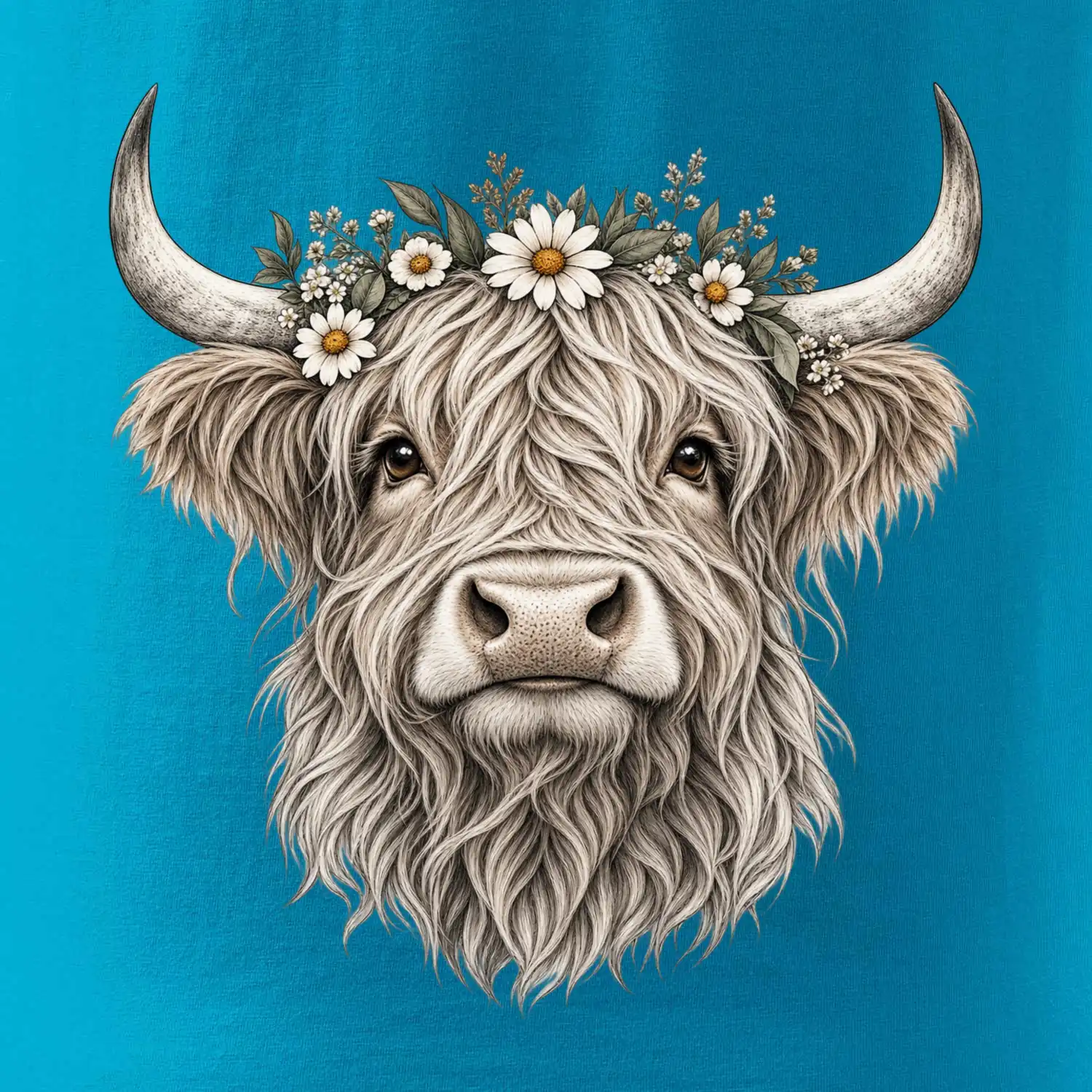 Highlandská kráva s květinami