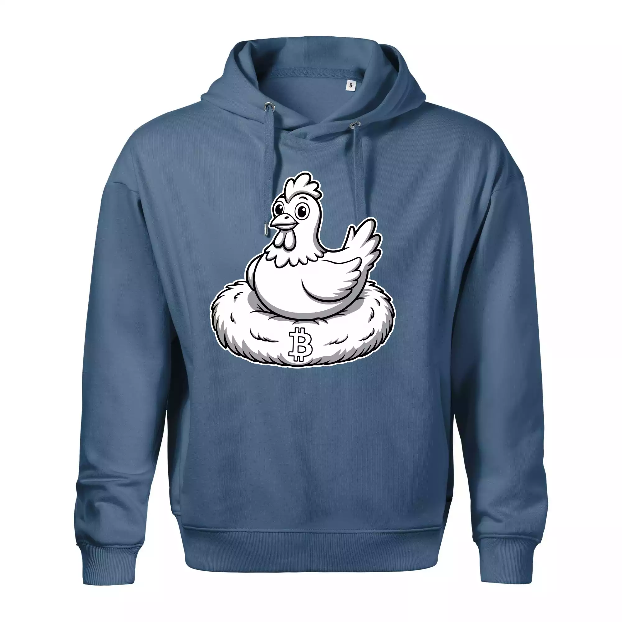 Kuře sedící na bitcoinovém hnízdě