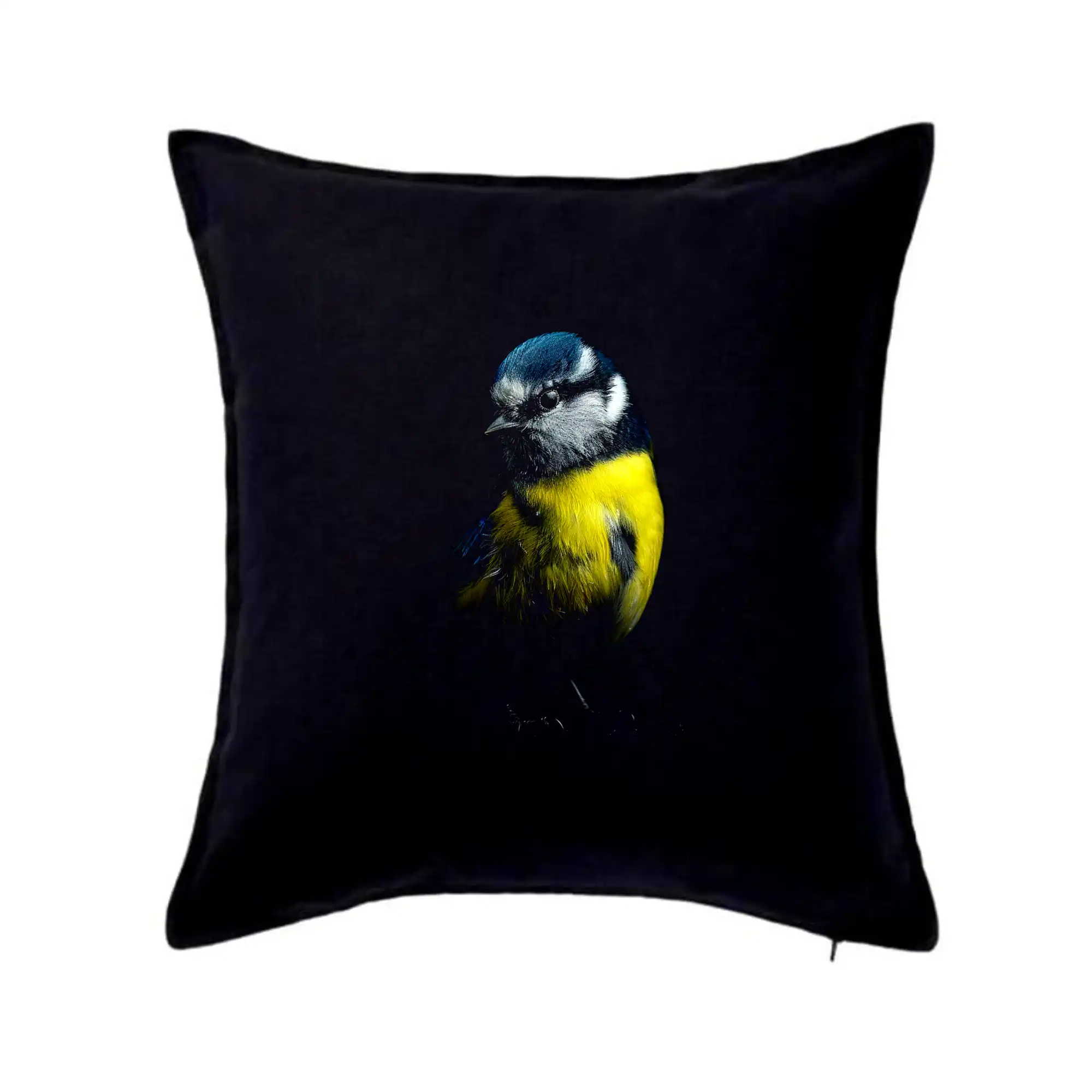 Tričko s motívmi vtákov - Sýkora modrinka čierna fotka - Vankúš 50x50