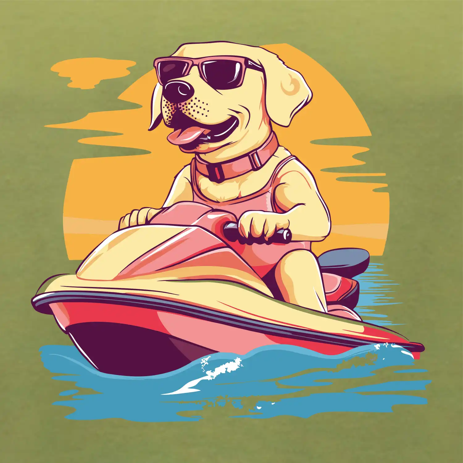 Zlatý retrívr na vodním skútru