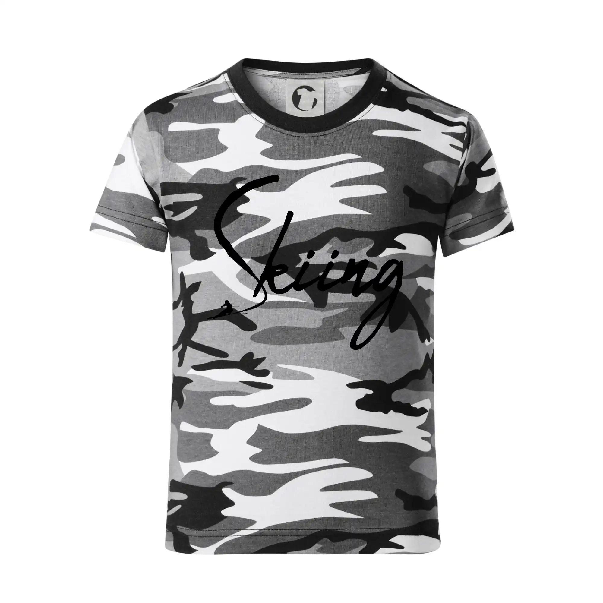 Lyže a Snowboard - Skiing nápis lyžiar - Detské maskáčové tričko