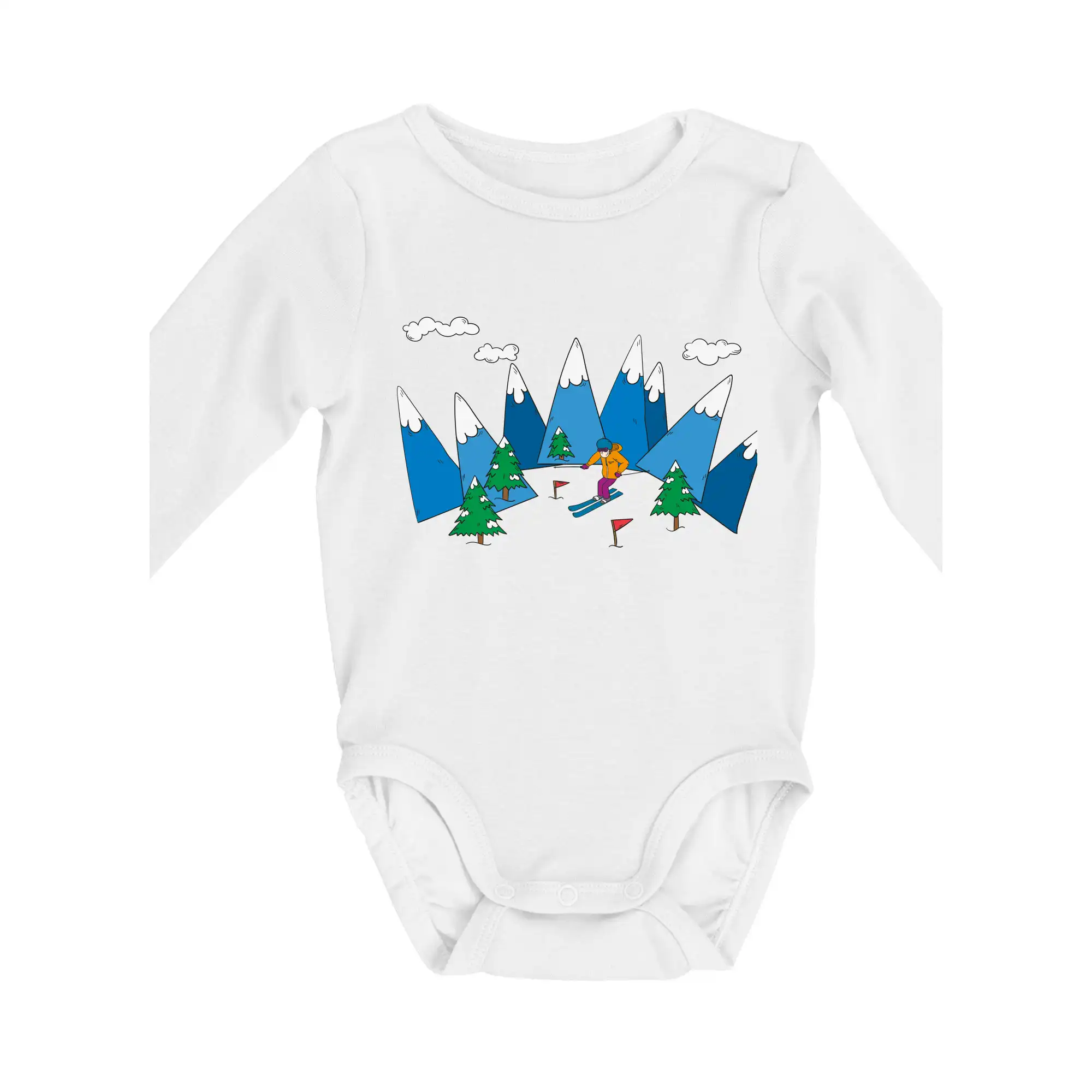 Lyže a Snowboard - Lyžiar a farebné hory - Body dojčenské s dlhým rukávom
