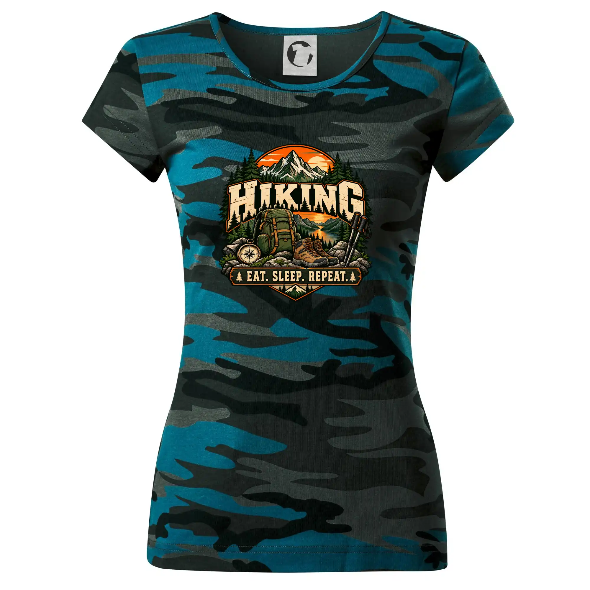 Turistický batoh v horách eat sleep repeat