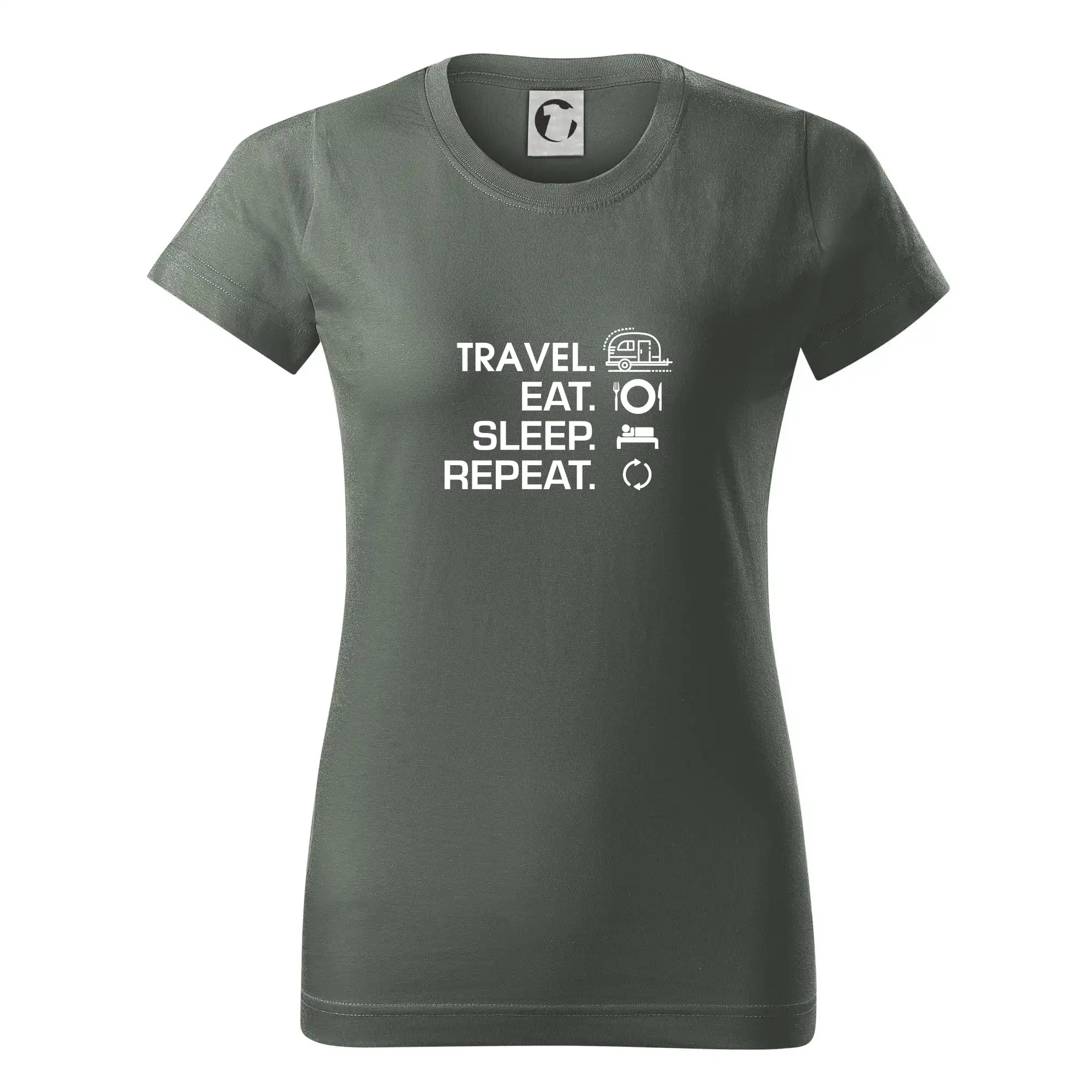 Trička na kempovanie - Eat sleep travel - Malý príves - Dámske tričko basic - ľahko voľnejšie a dlhšie
