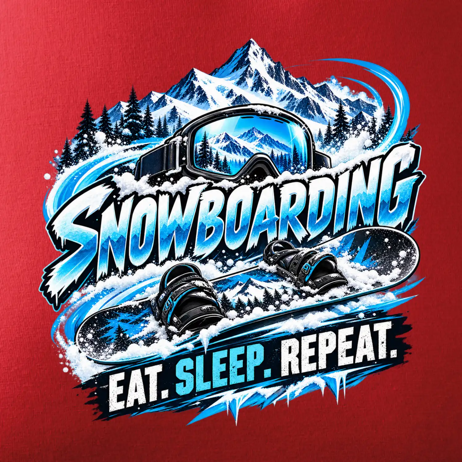 Snowboard s horským sněhem eat sleep repeat