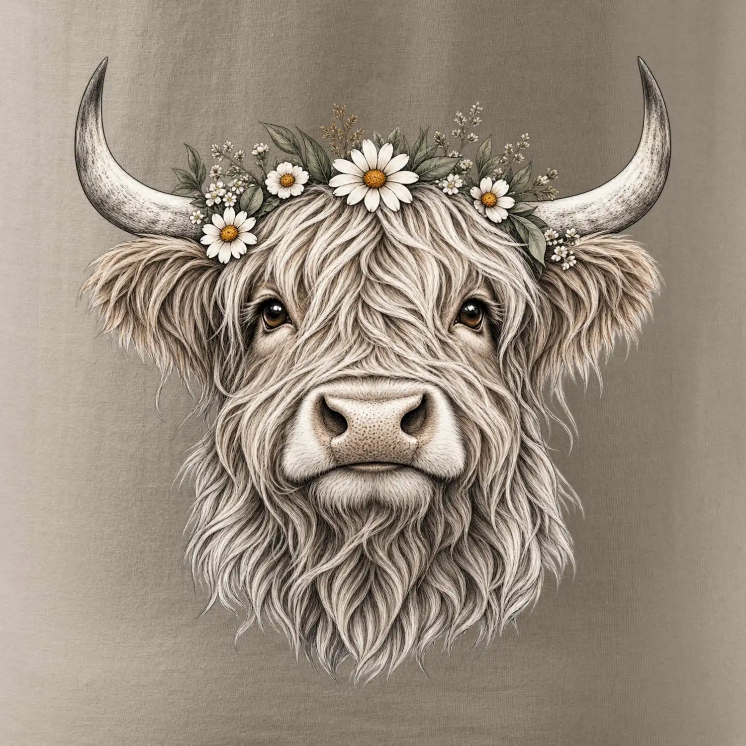 Highlandská kráva s květinami