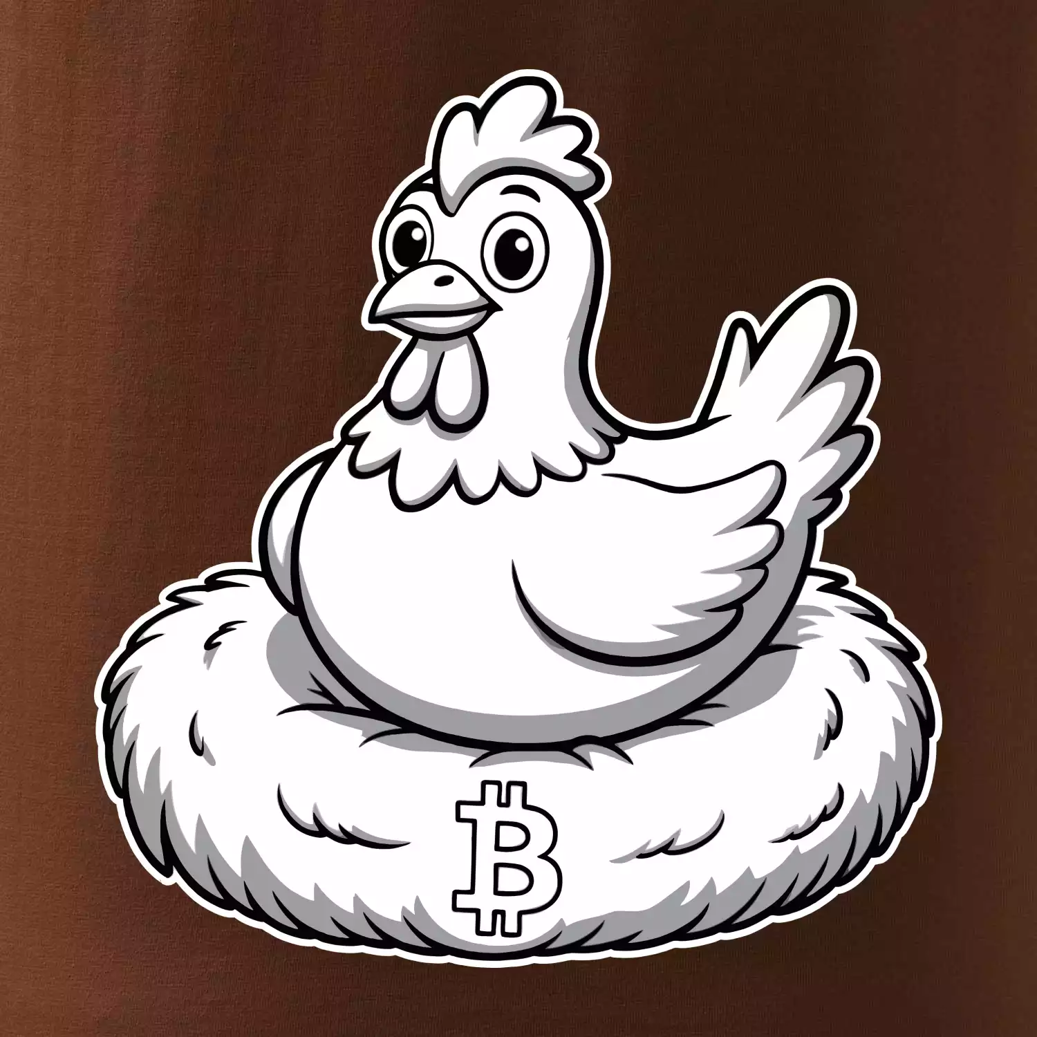 Kuře sedící na bitcoinovém hnízdě