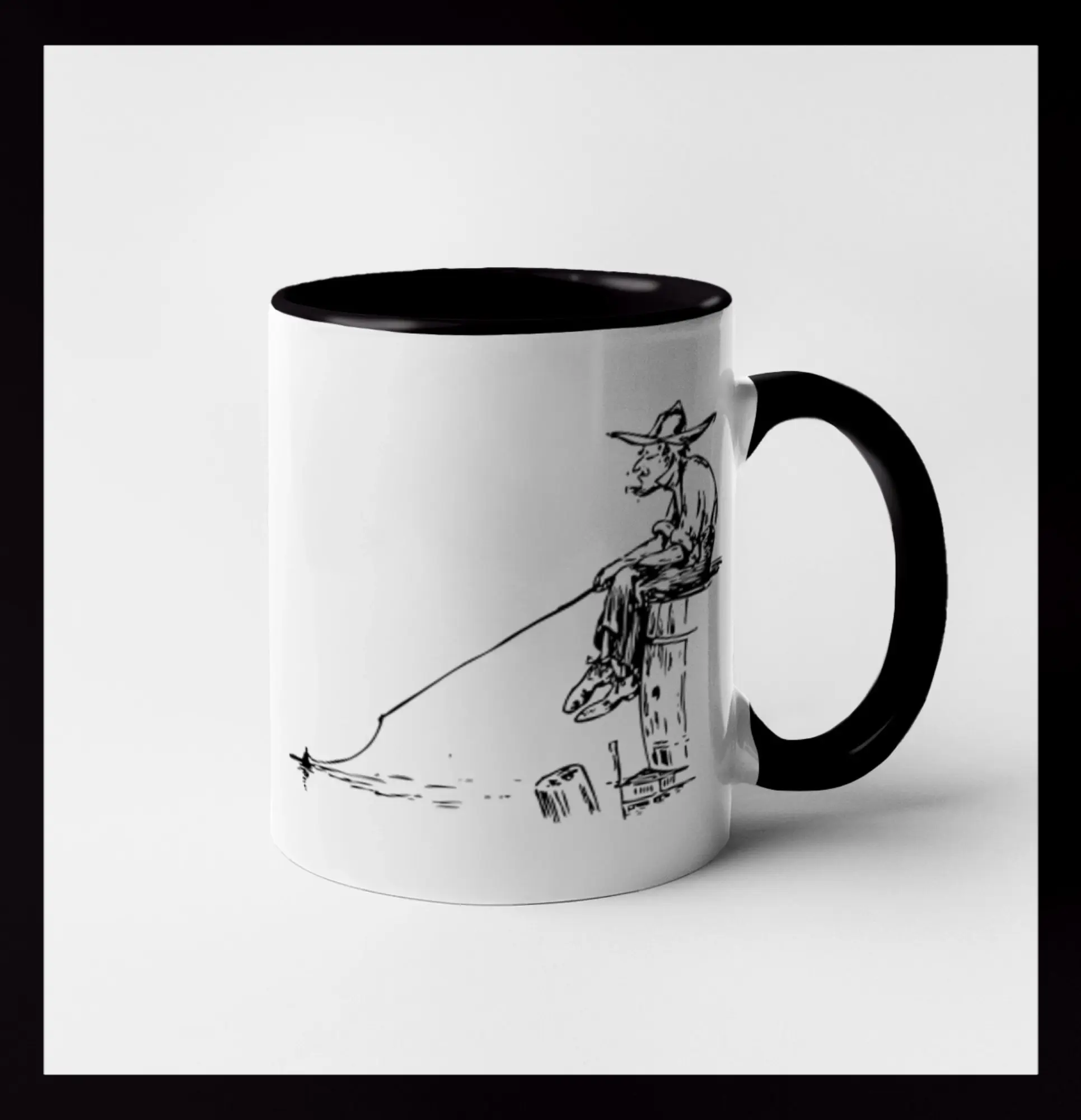 Kreslený rybár na pni