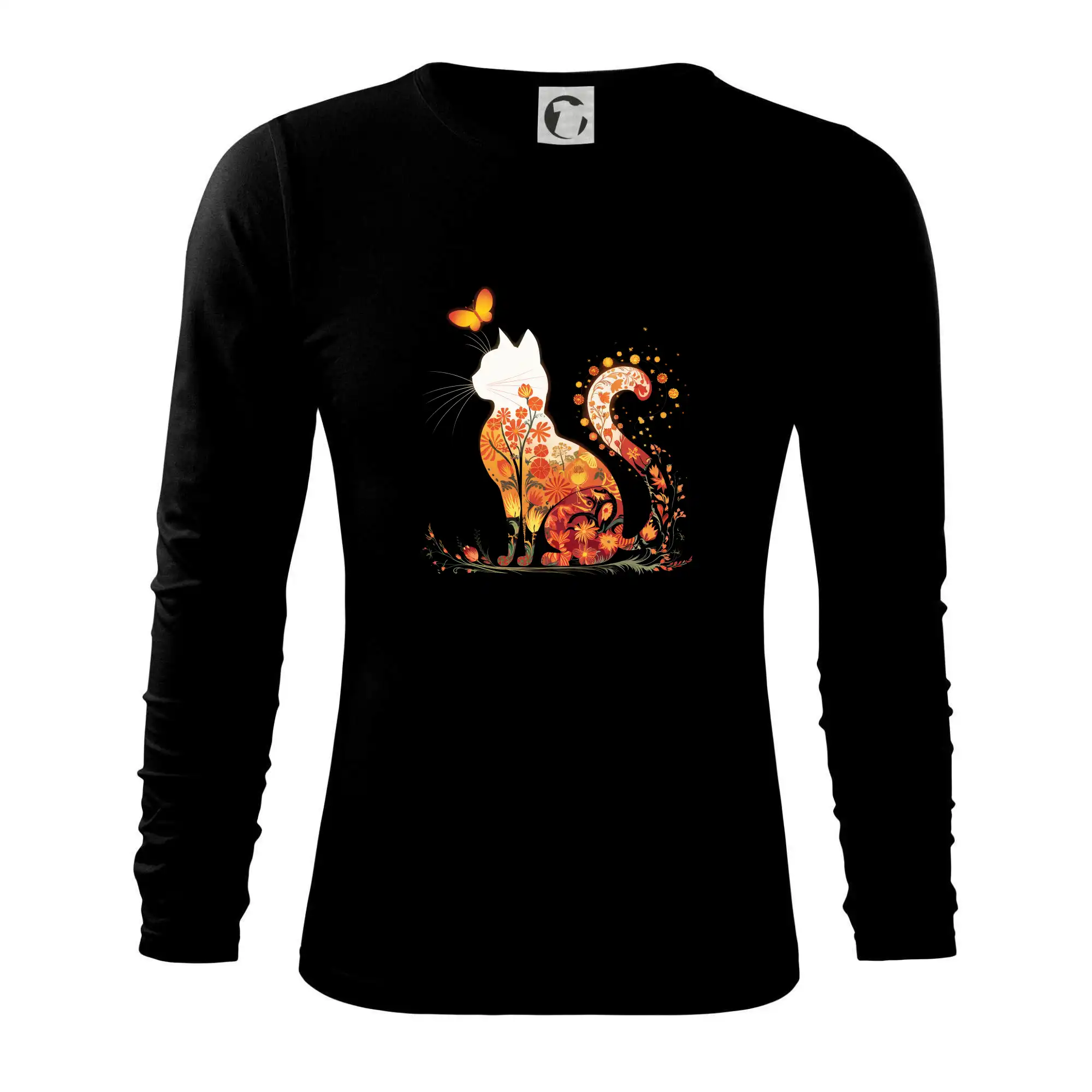 Vtipná tričká s mačkou - Kvetinová mačka a motýľ - Tričko s dlhým rukávom FIT-T long sleeve