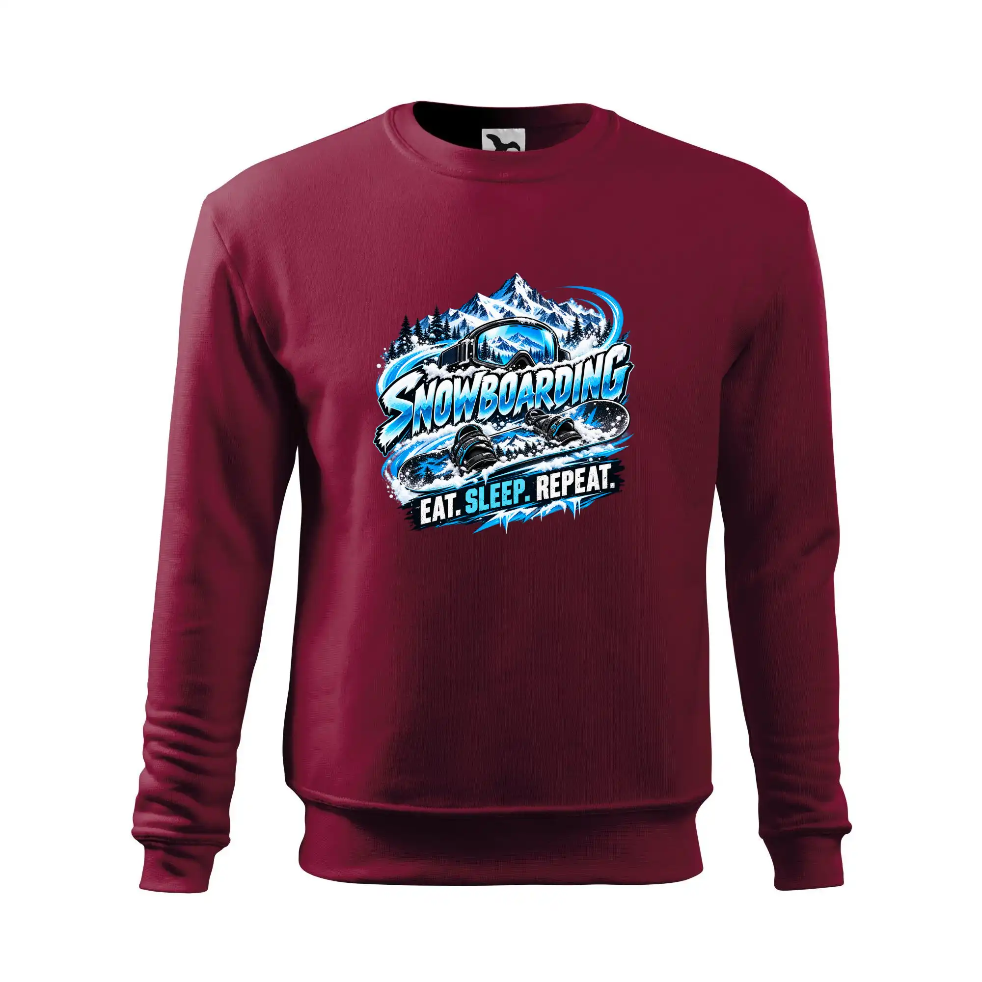 Snowboard s horským sněhem eat sleep repeat