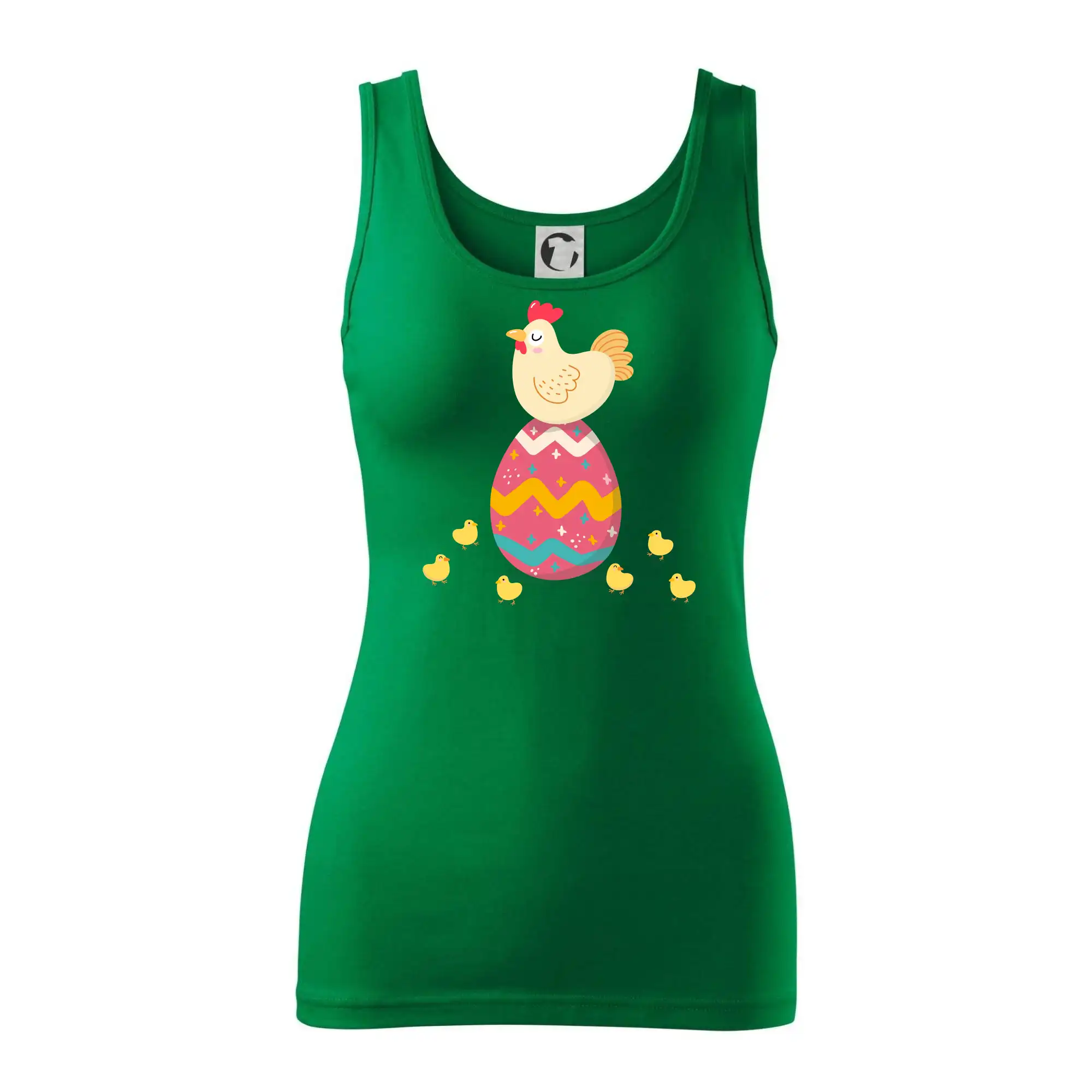 Slepice sedící na velikonočním vejci