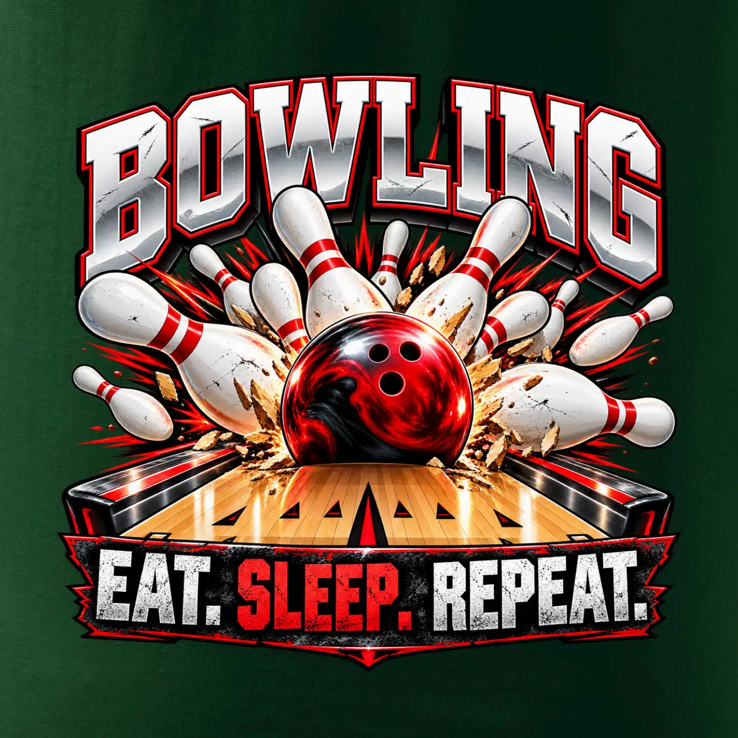 Bowlingová koule a kuželky eat sleep repeat