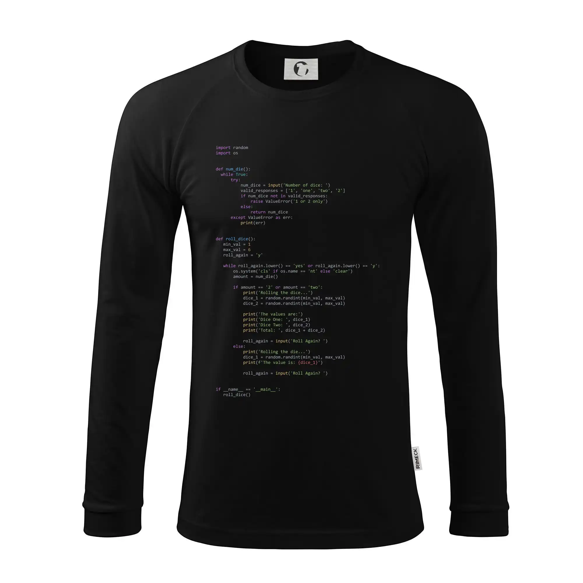 Tričká pre ajťákov - Python Generátor hodu kockou - Pánske tričko s dlhým rukávom LS130