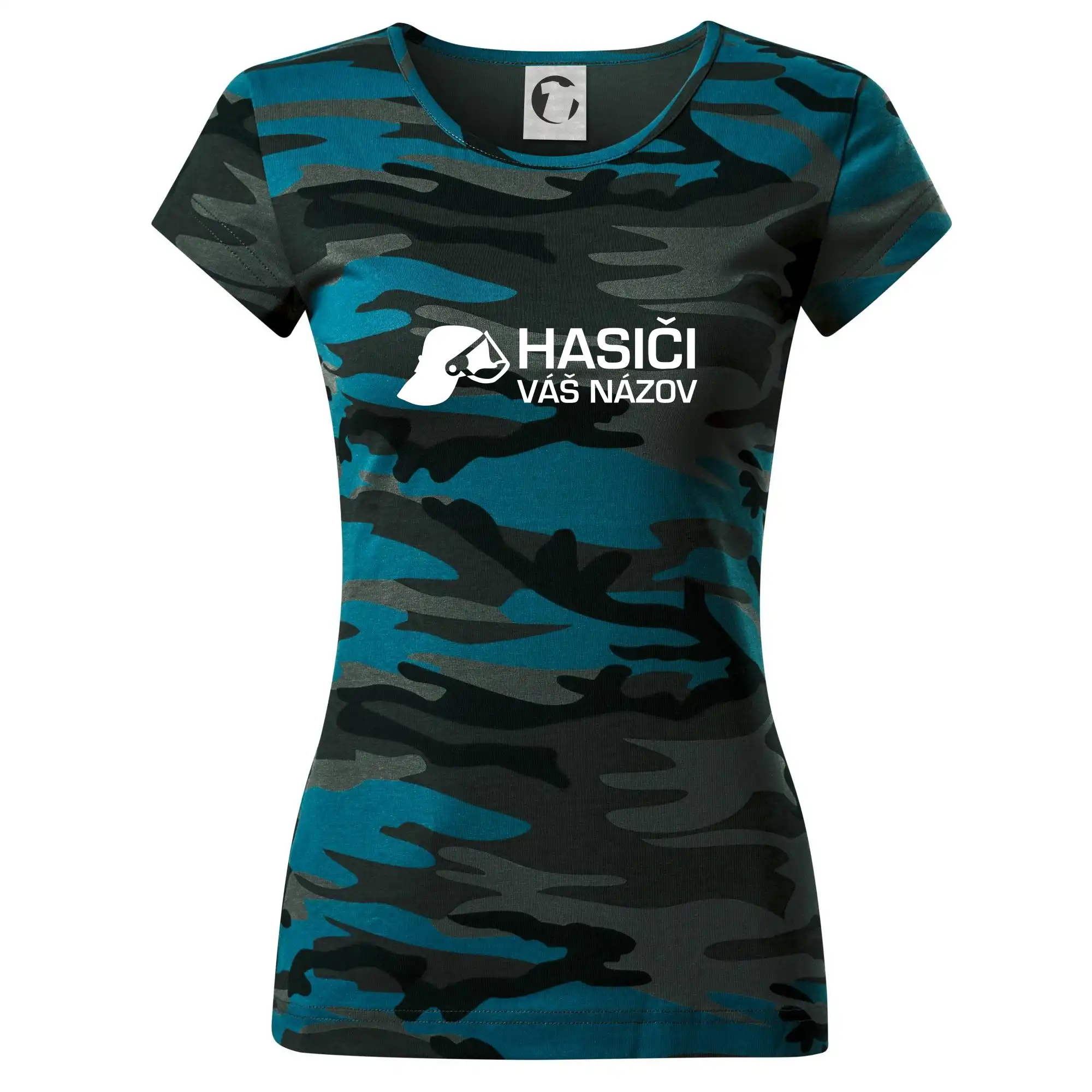 Originálne tričká pre hasičov - Hasiči helma - vlastný nápis - Dámske maskáčové tričko