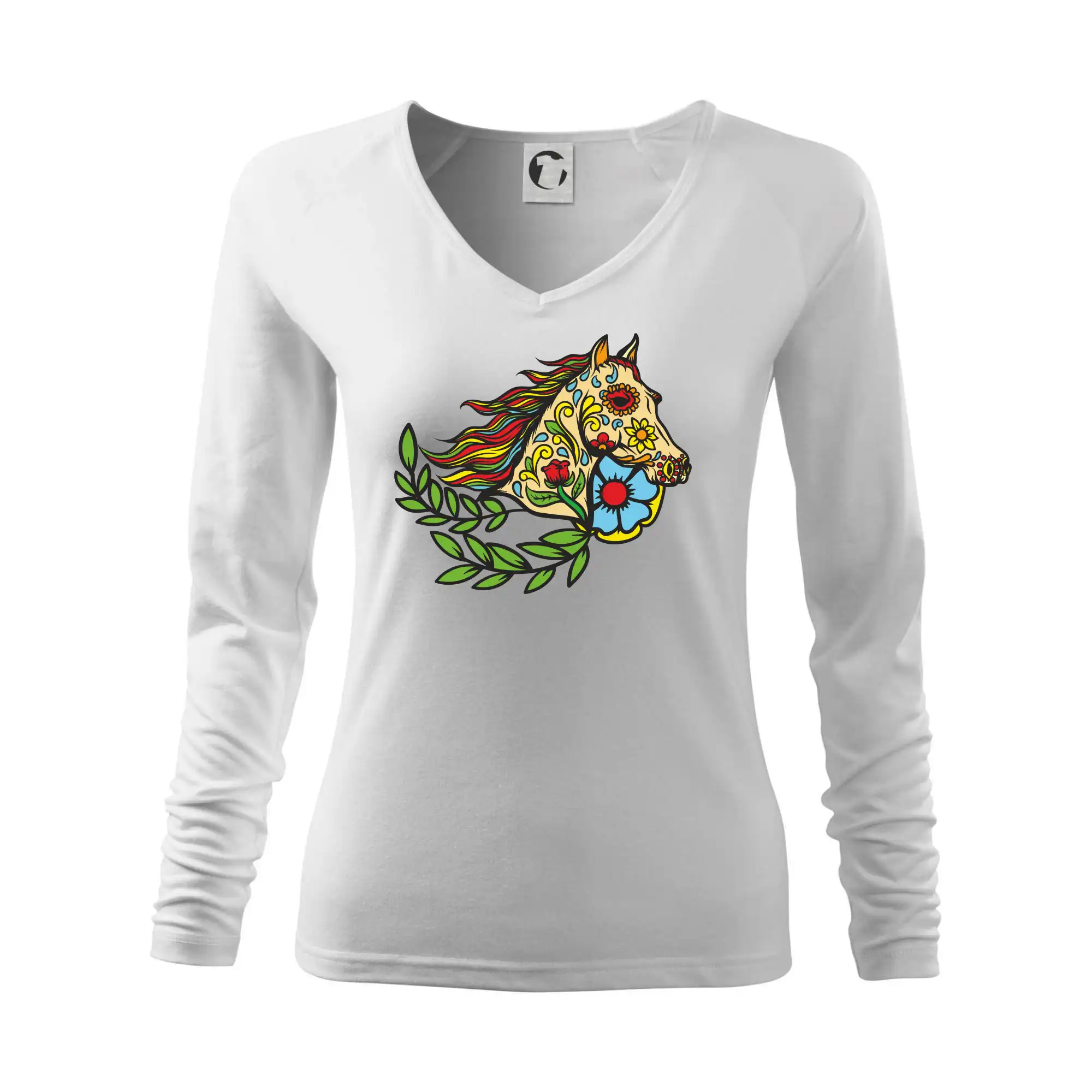 Tričká s koňmi - Kôň farebný s listami - Tričko dámske Elegance