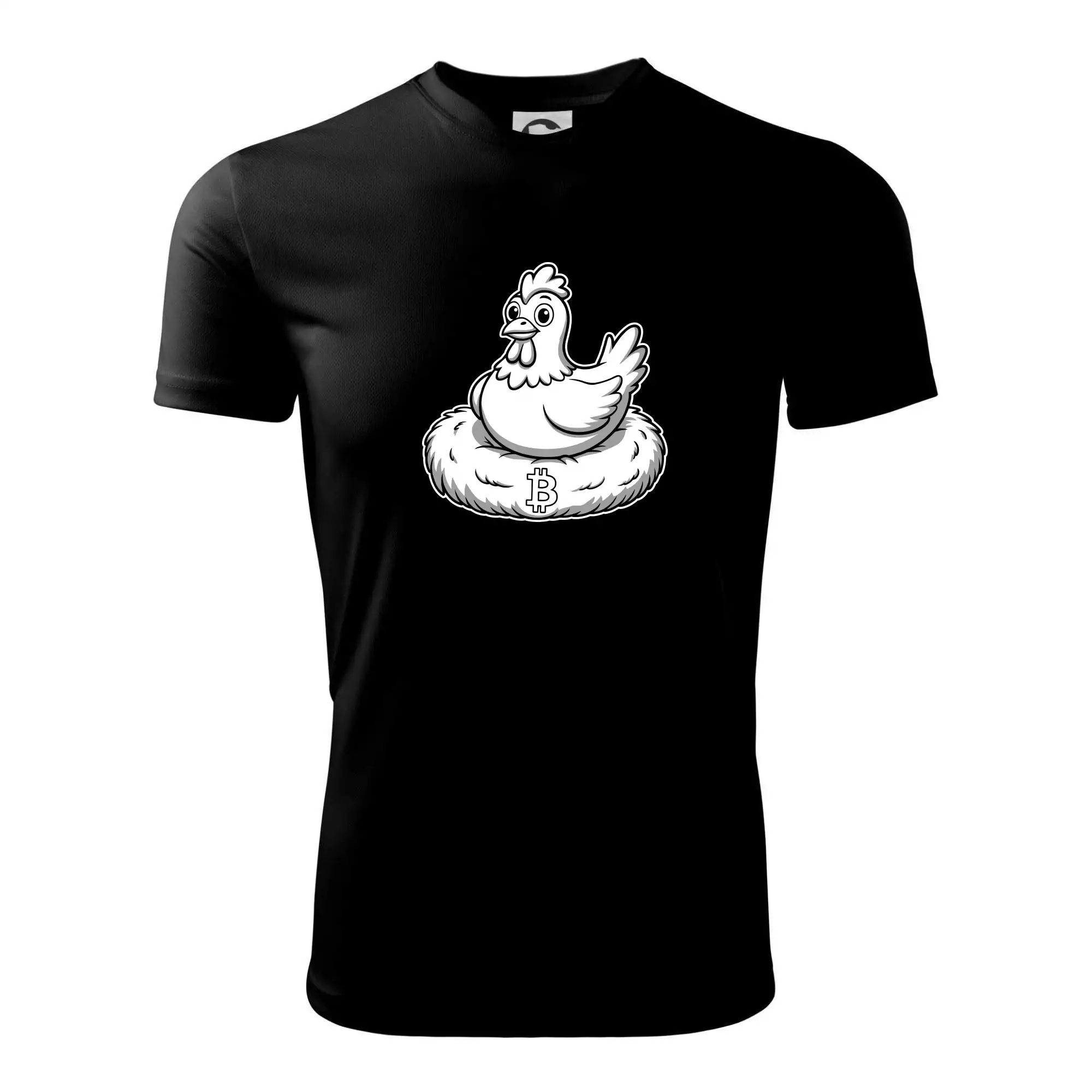 Kuře sedící na bitcoinovém hnízdě