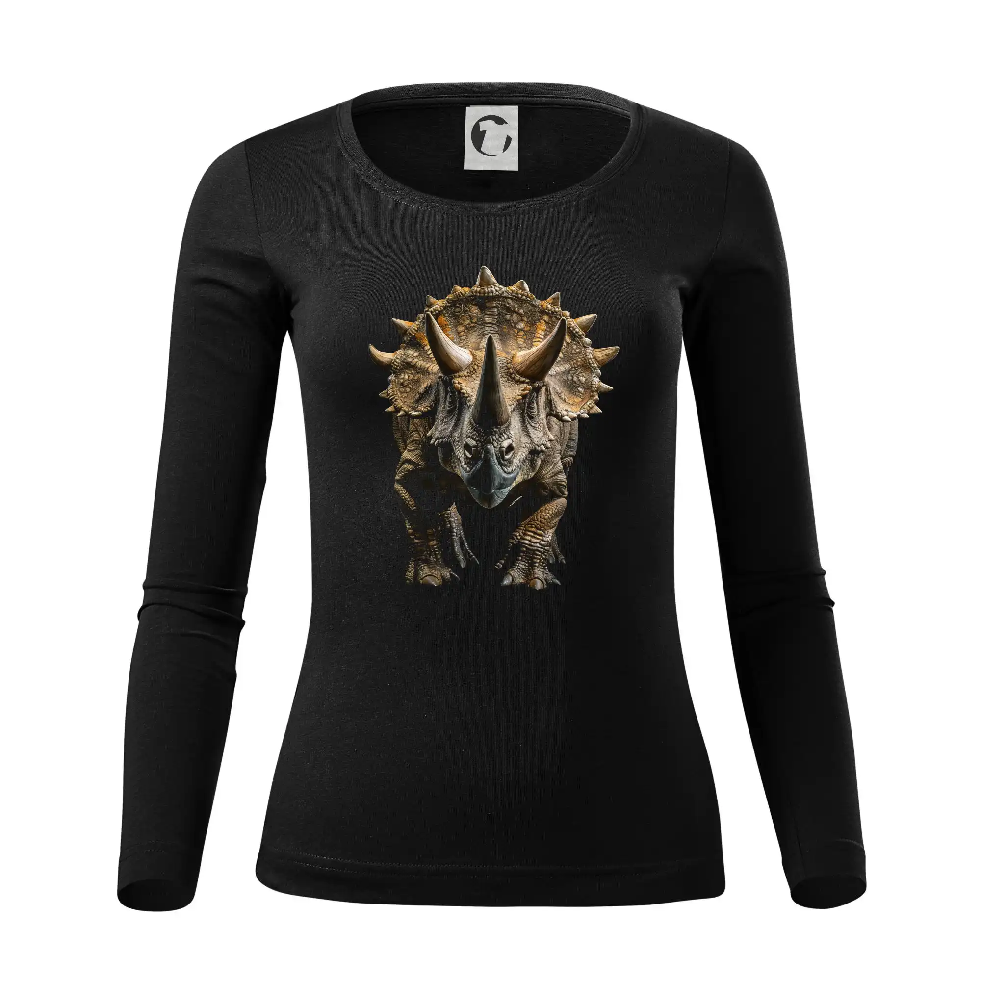 Tričká so zvieratami - Triceratops spredu čierna fotka - Dámske tričko FIT-T LS - zužené
