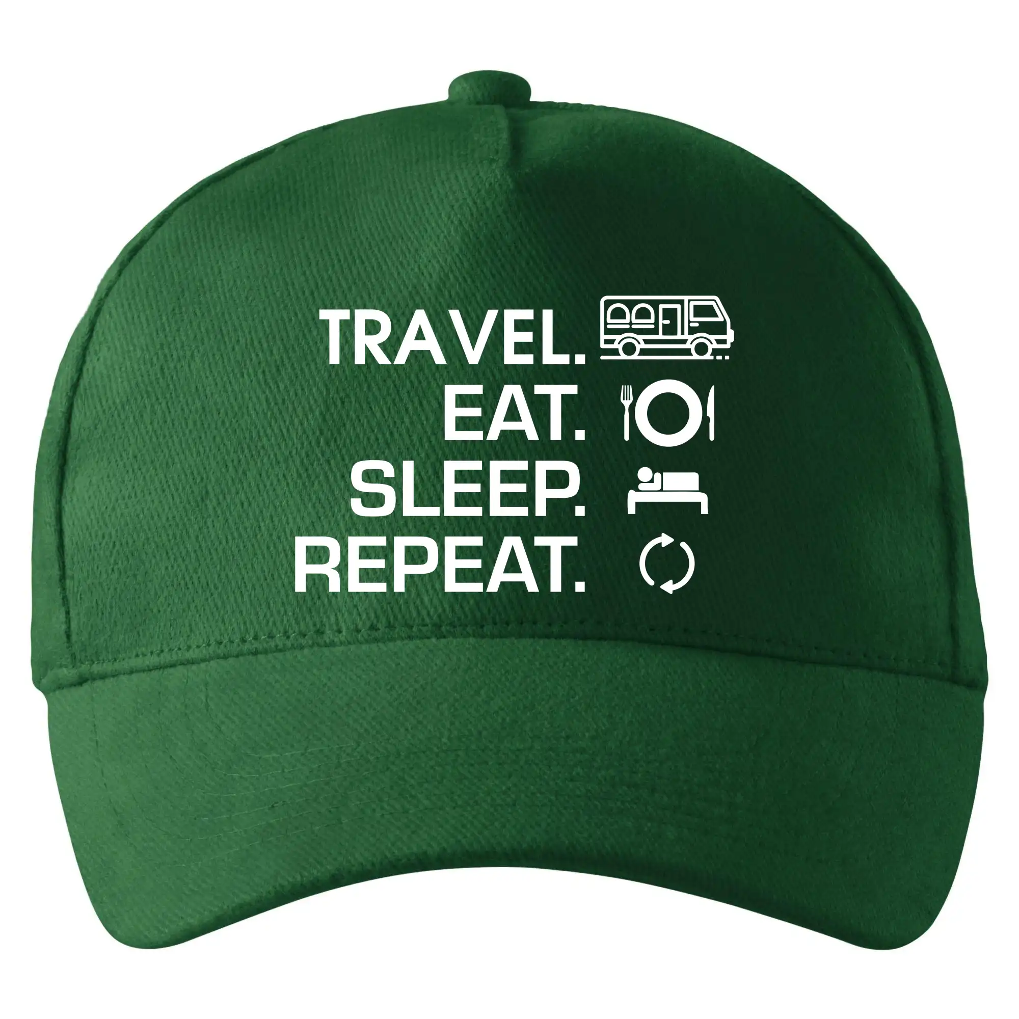 Trička na kempovanie - Eat sleep travel - Van - Šiltovka so zahnutým šiltom a mosaznou sponou