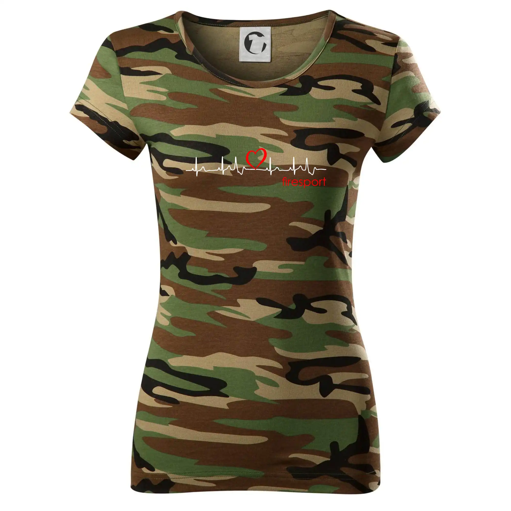 Originálne tričká pre hasičov - Moje srdce bije pre firesport - Dámske maskáčové tričko