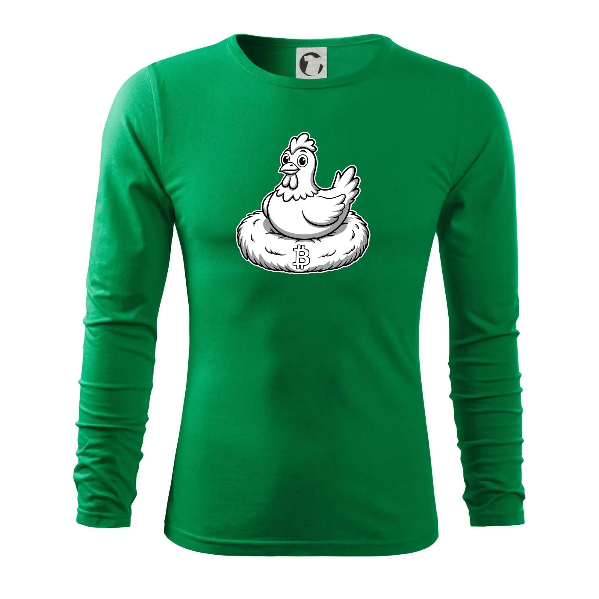 Kuře sedící na bitcoinovém hnízdě