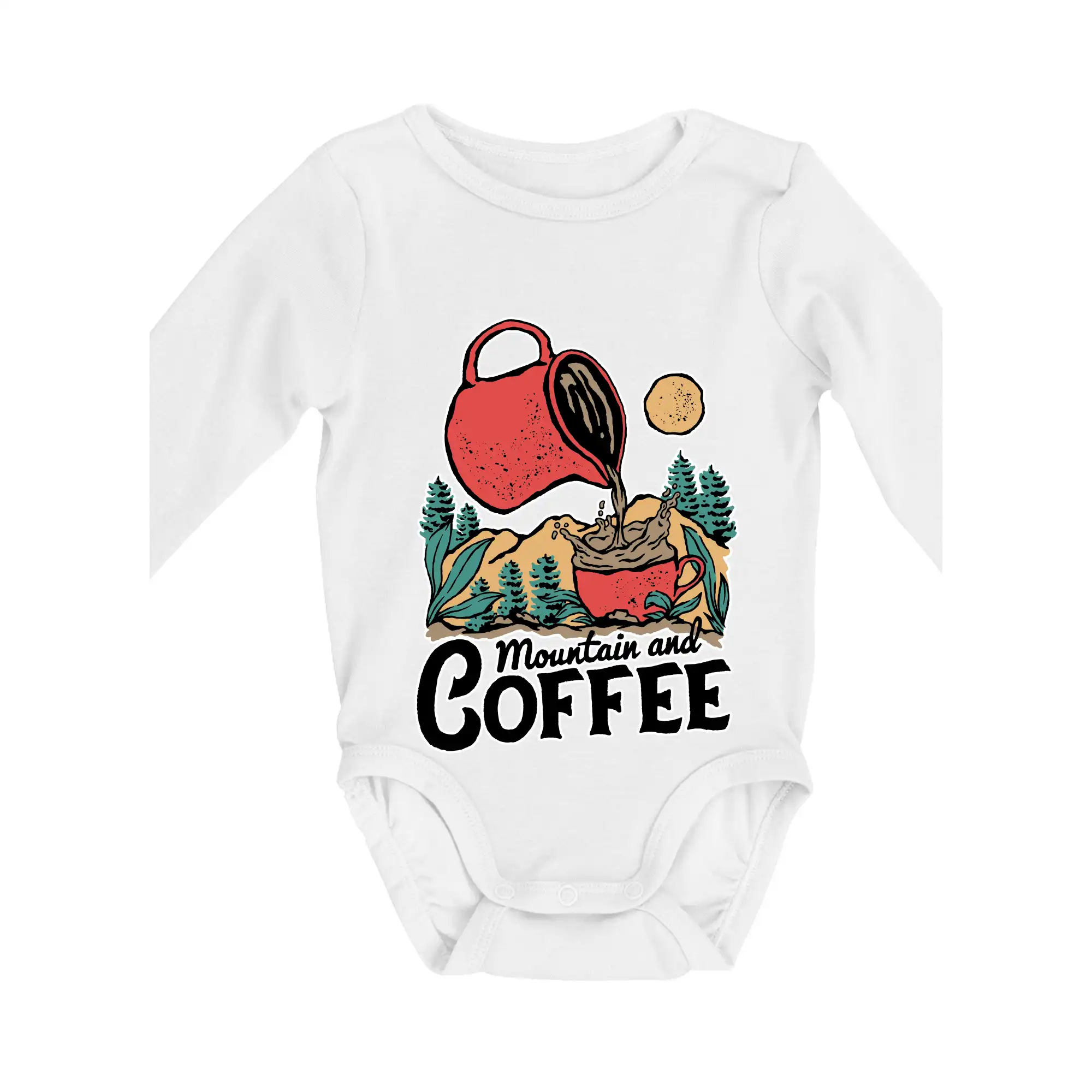 Trička pre cestovateľov - Mountain and Coffee - Body dojčenské s dlhým rukávom