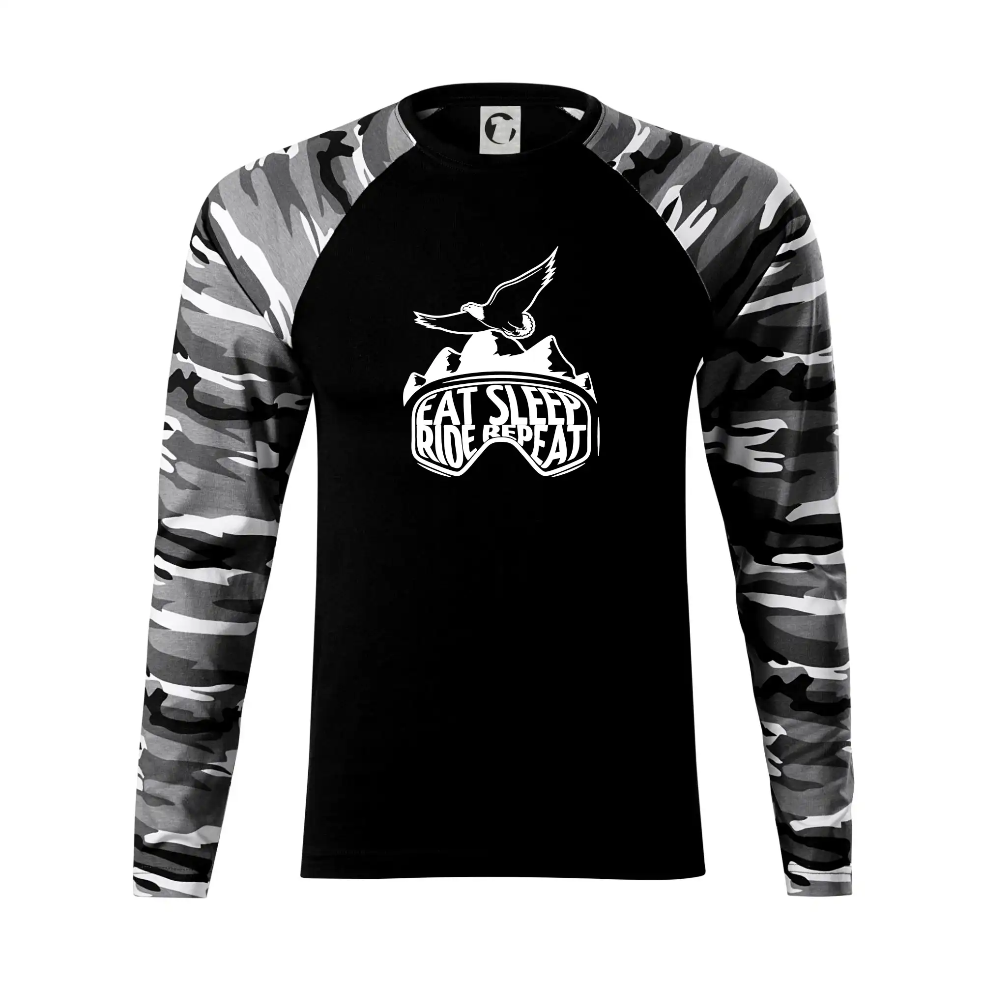 Lyže a Snowboard - Eat sleep ride repeat - hory - Camouflage LS
