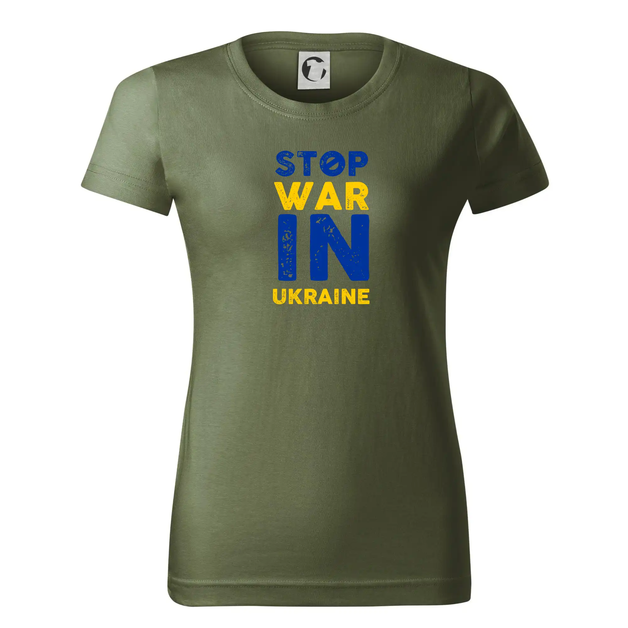 Tričká s vlajkou ukrajiny - Farebný nápis Stop war in ukraine - Dámske tričko basic - ľahko voľnejšie a dlhšie