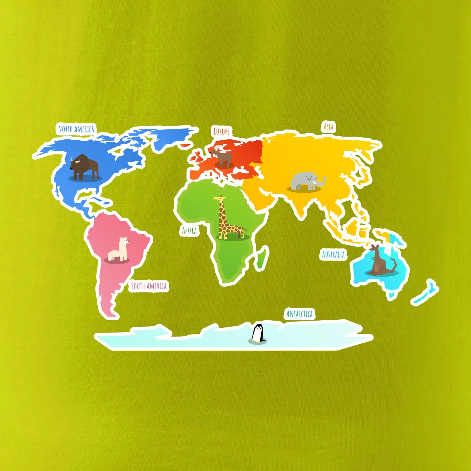 Světové kontinenty s názvy a zvířátky