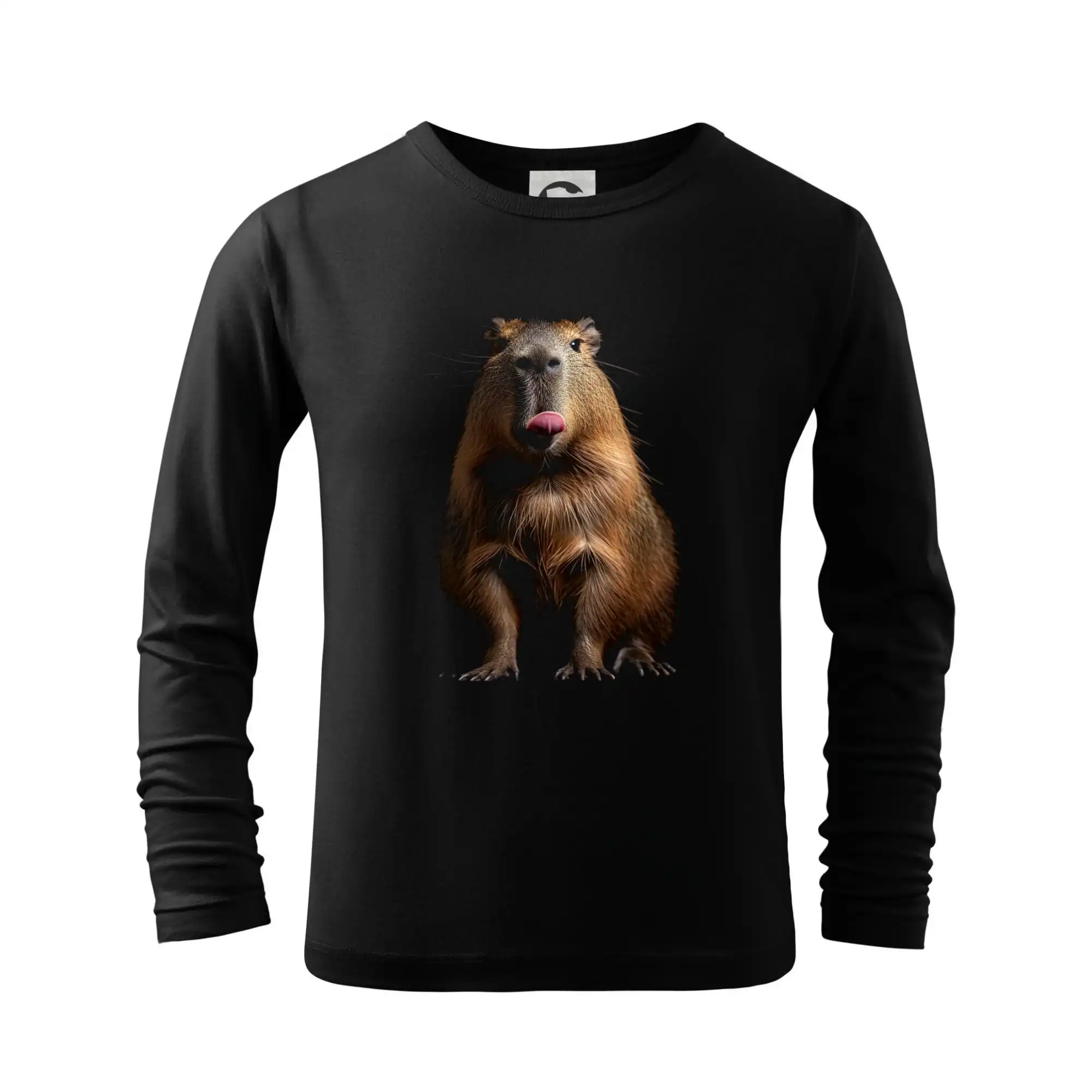 Tričká so zvieratami - Kapybara s vypláznutým jazykom čierna fotka - Tričko detské Long Sleeve