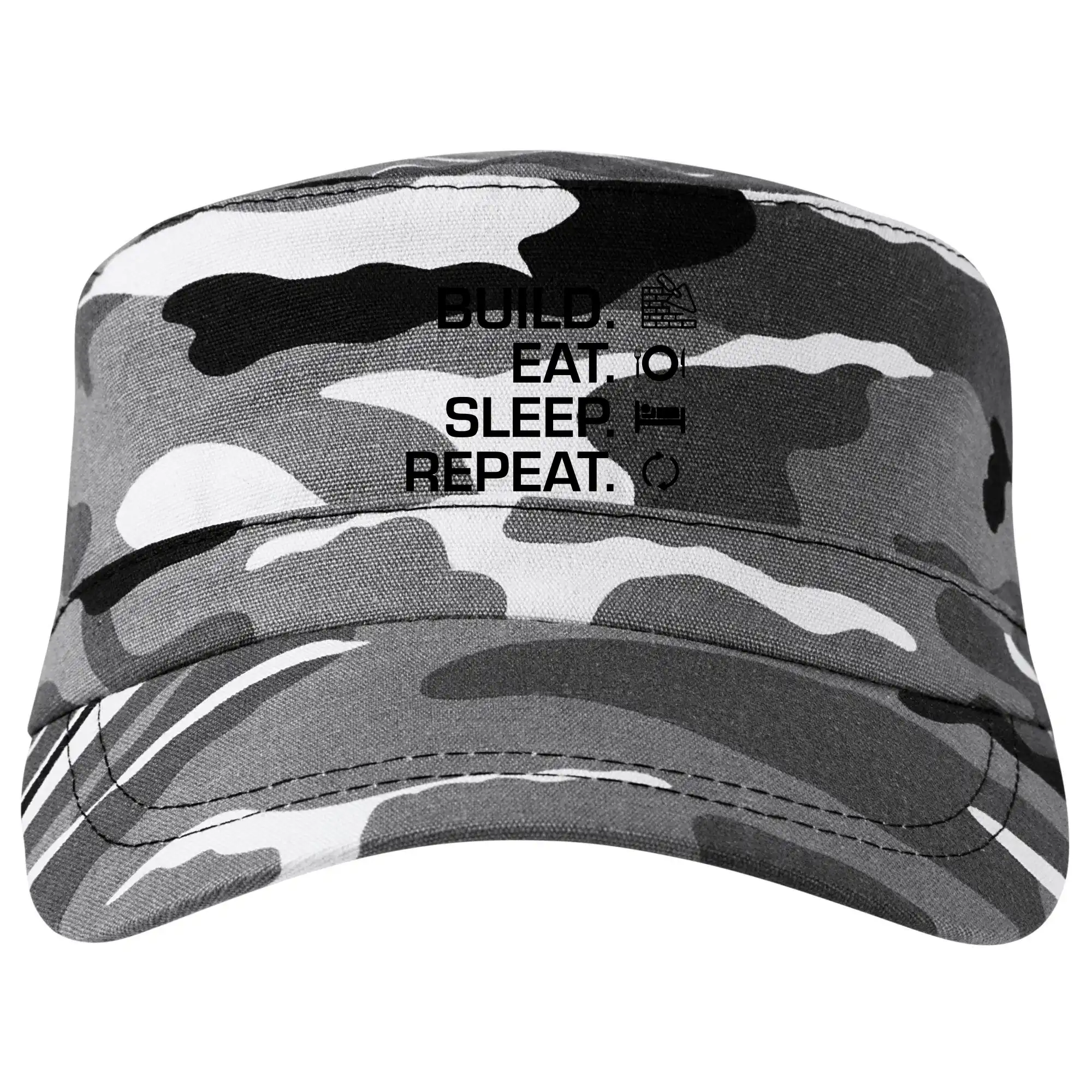 Vtipné tričká pre murárov - Build eat sleep repeat - tehly - Šiltovka CAMO