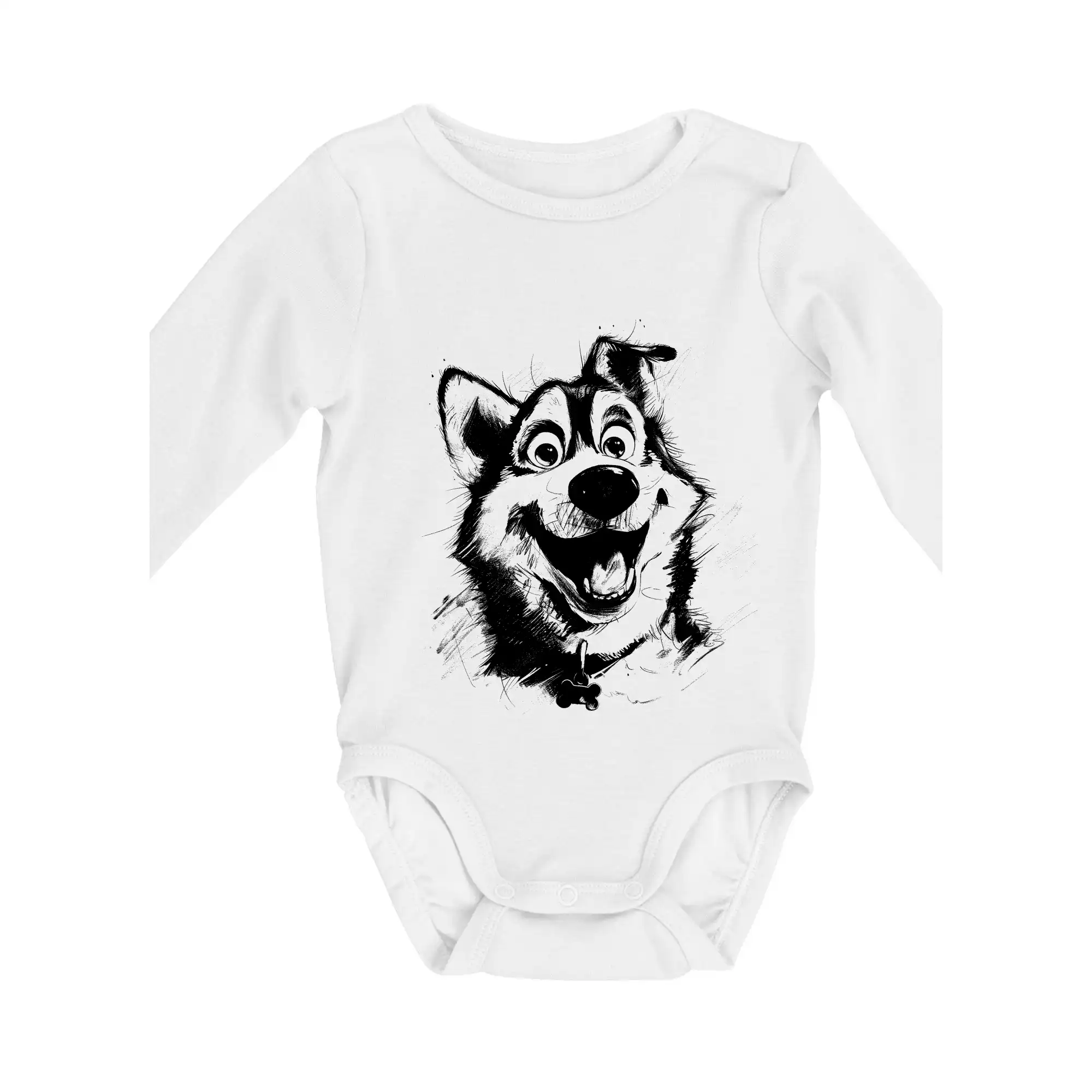 Tričká s motívom Sibírsky husky - Čiernobiela karikatúra husky - Body dojčenské s dlhým rukávom