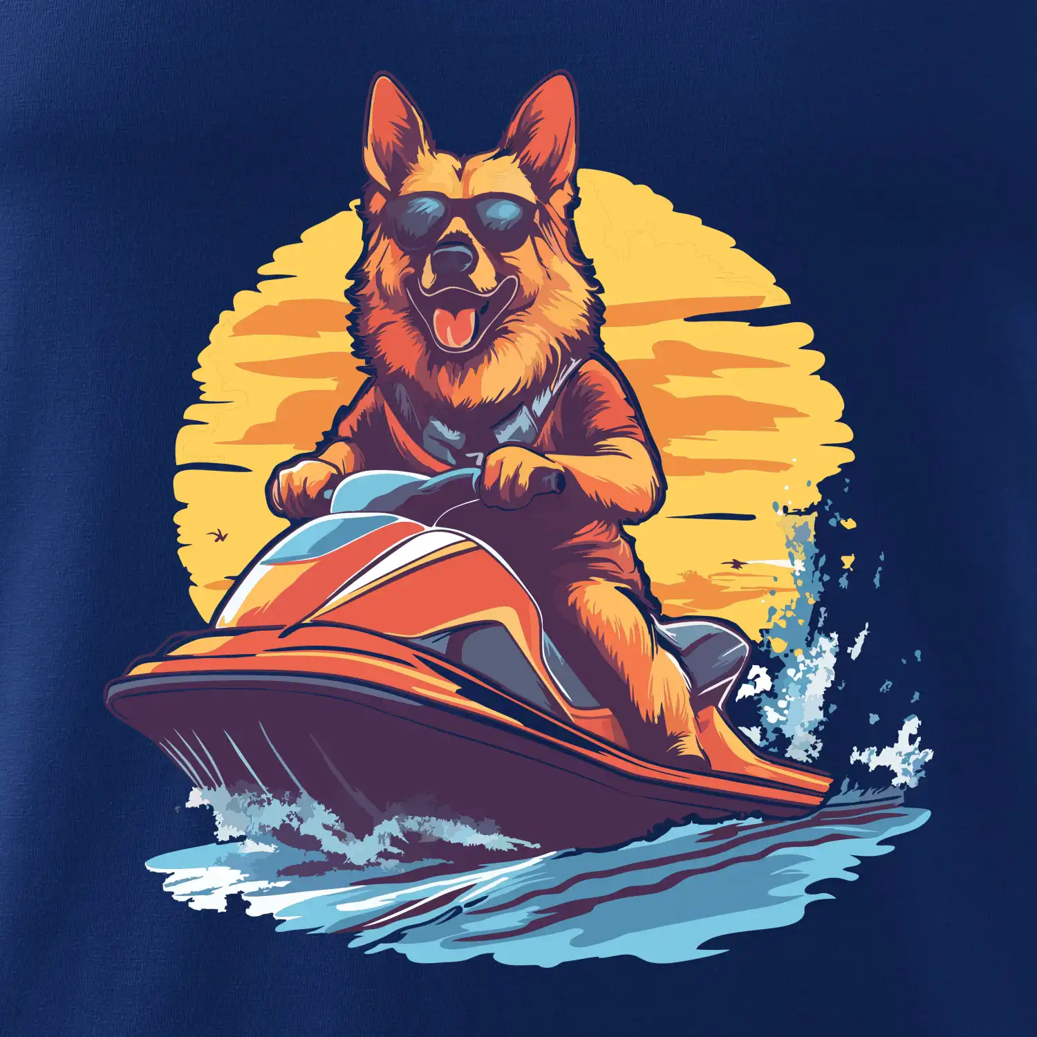 Německý ovčák na vodním skútru