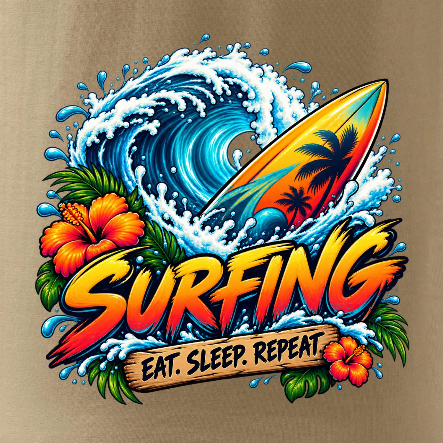 Surfové prkno a mořská vlna eat sleep repeat