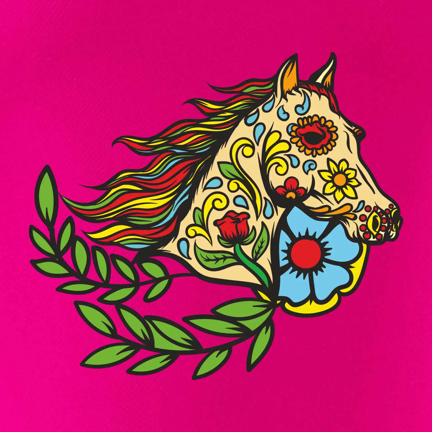Kůň barevný s listy