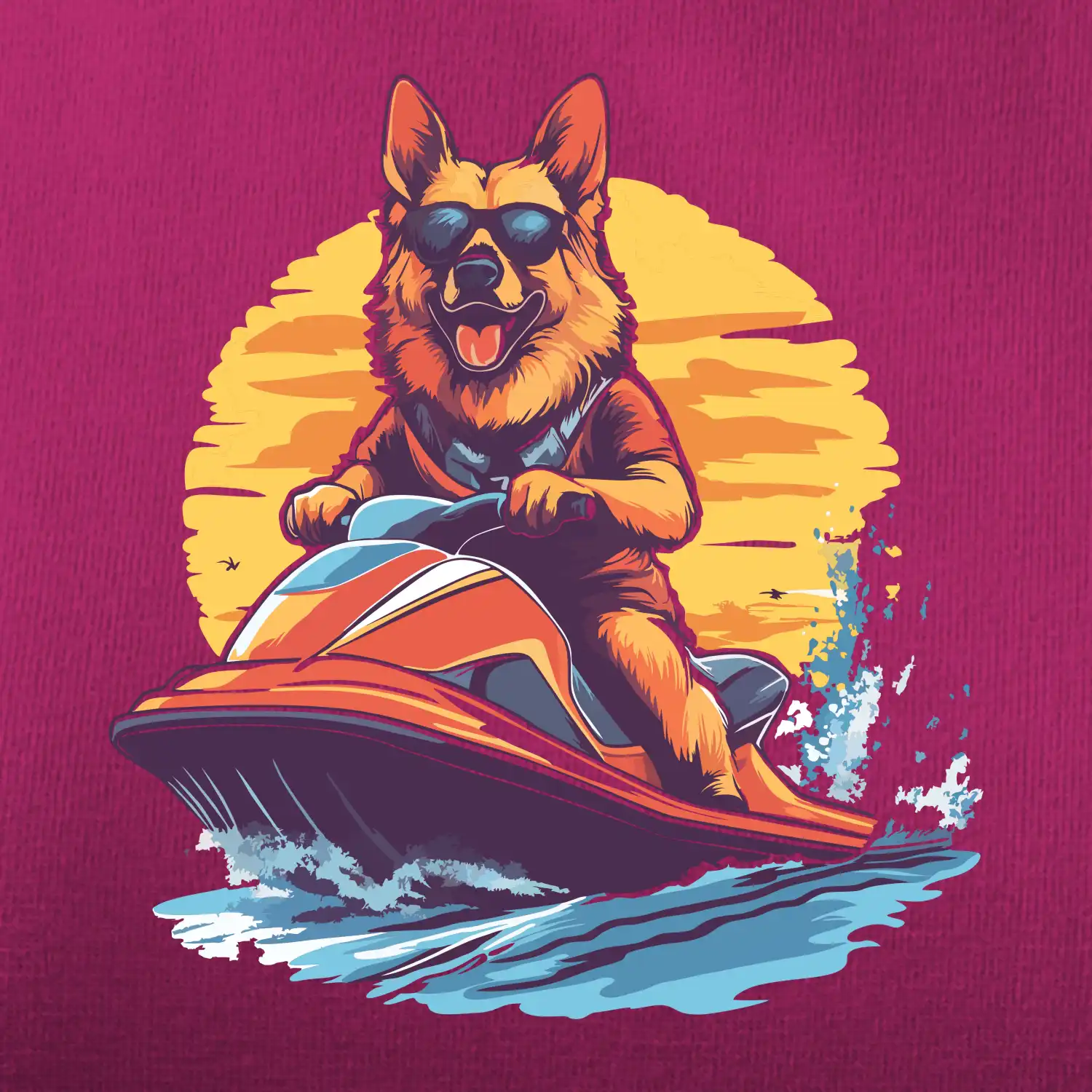 Německý ovčák na vodním skútru