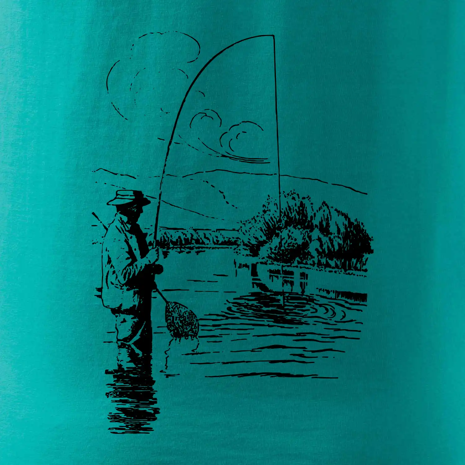 Kreslený rybář s podběrákem