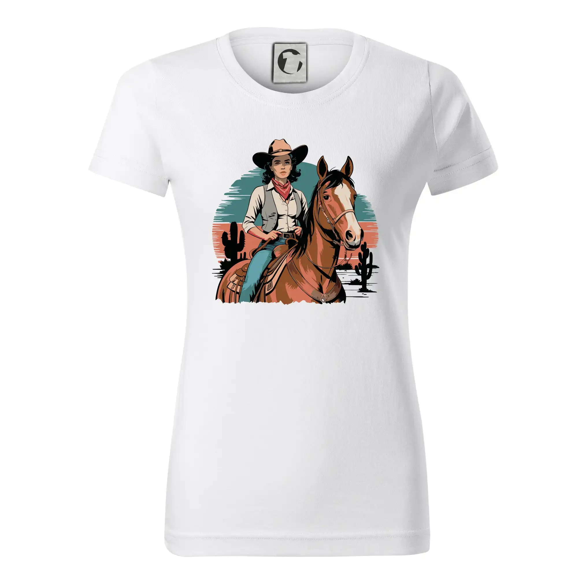 Tričká s koňmi - Cowgirl vintage na koni - Dámske tričko basic - ľahko voľnejšie a dlhšie