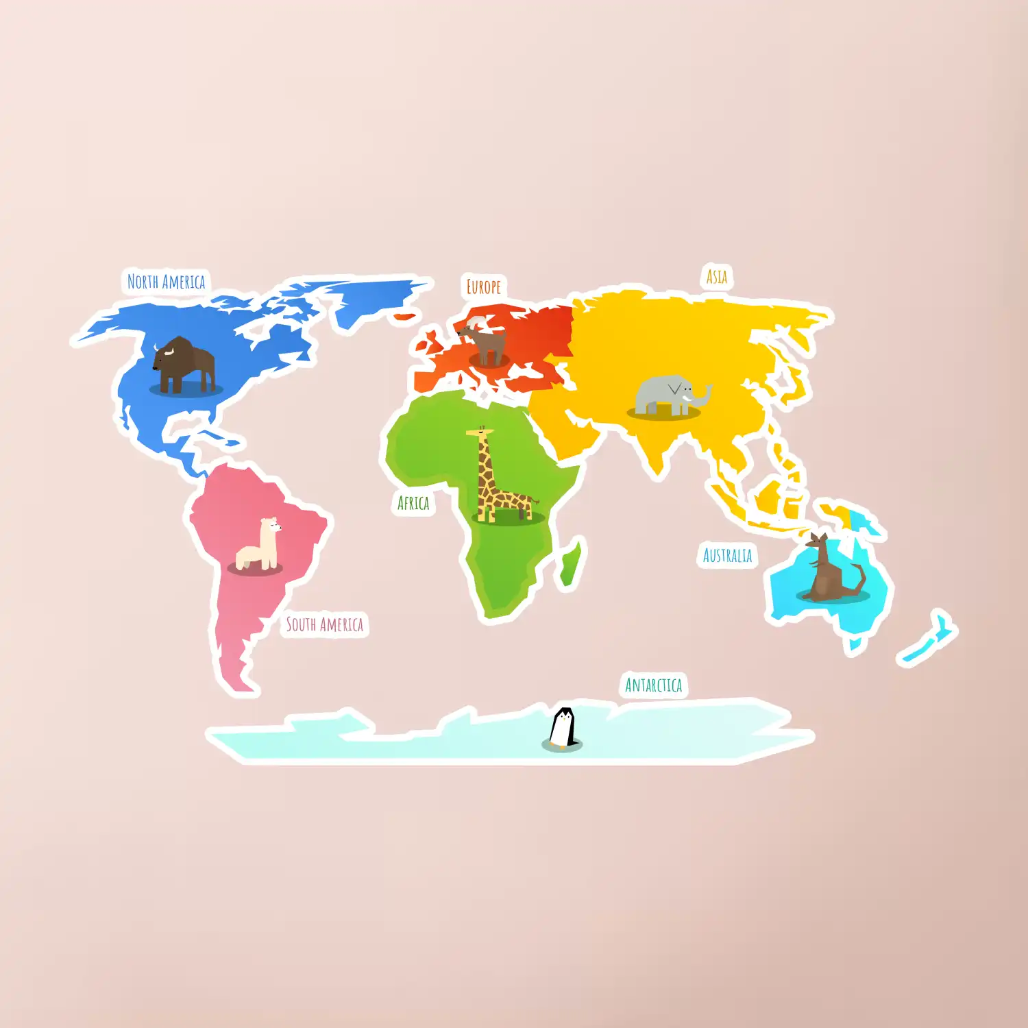 Světové kontinenty s názvy a zvířátky