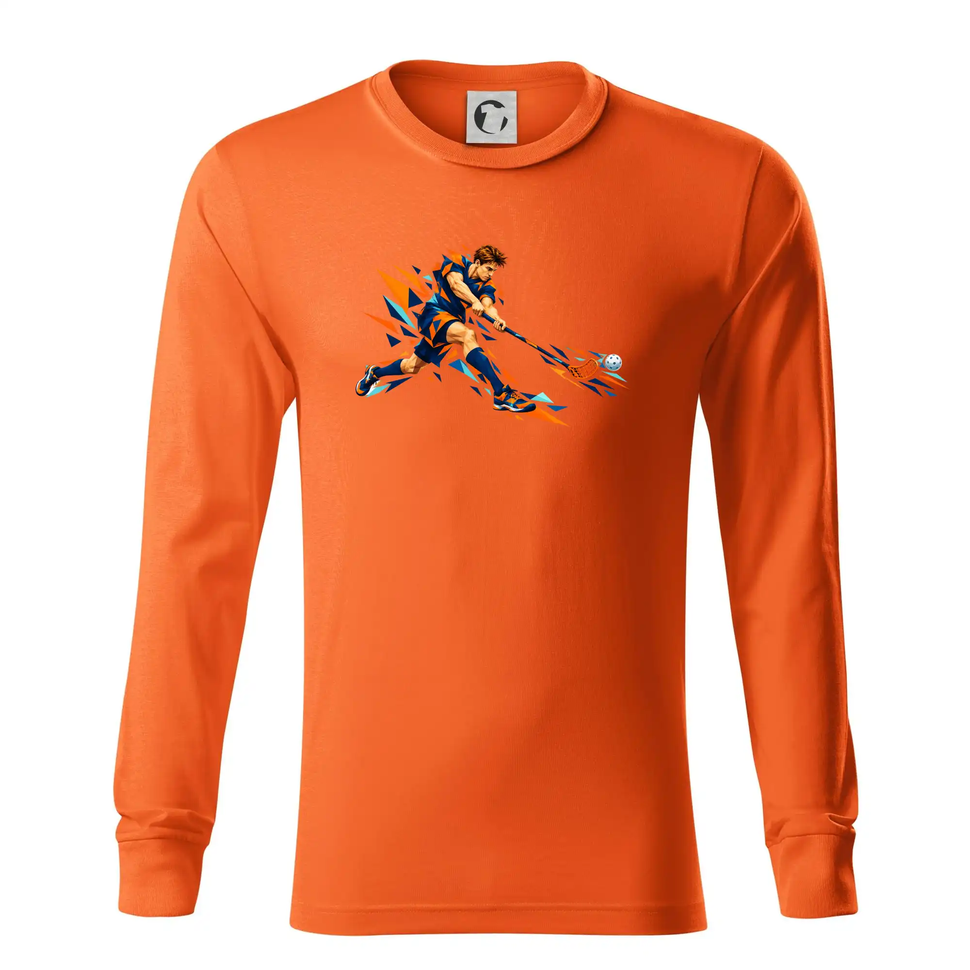 Florbalový útočník v oranžových polygonech