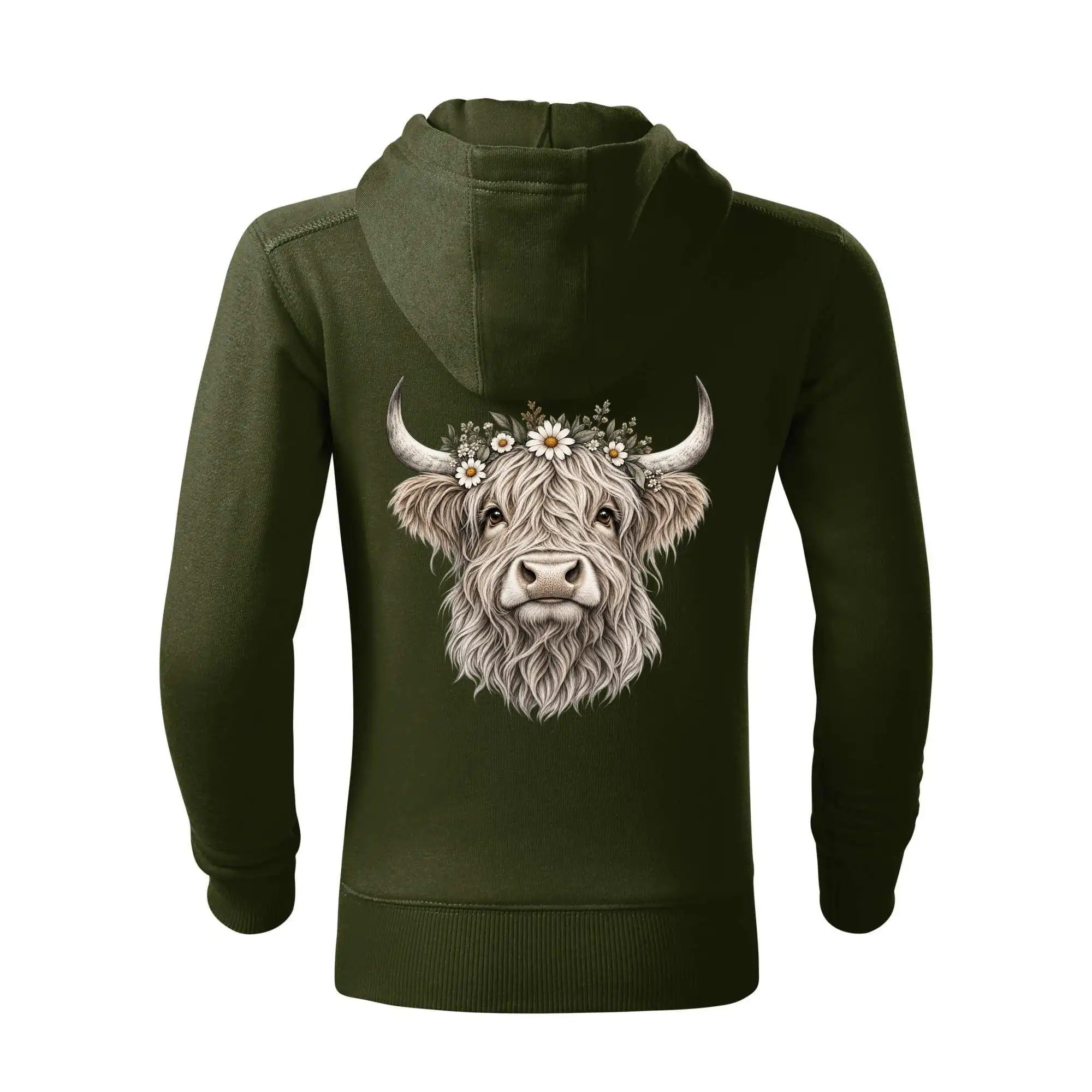 Highlandská kráva s květinami