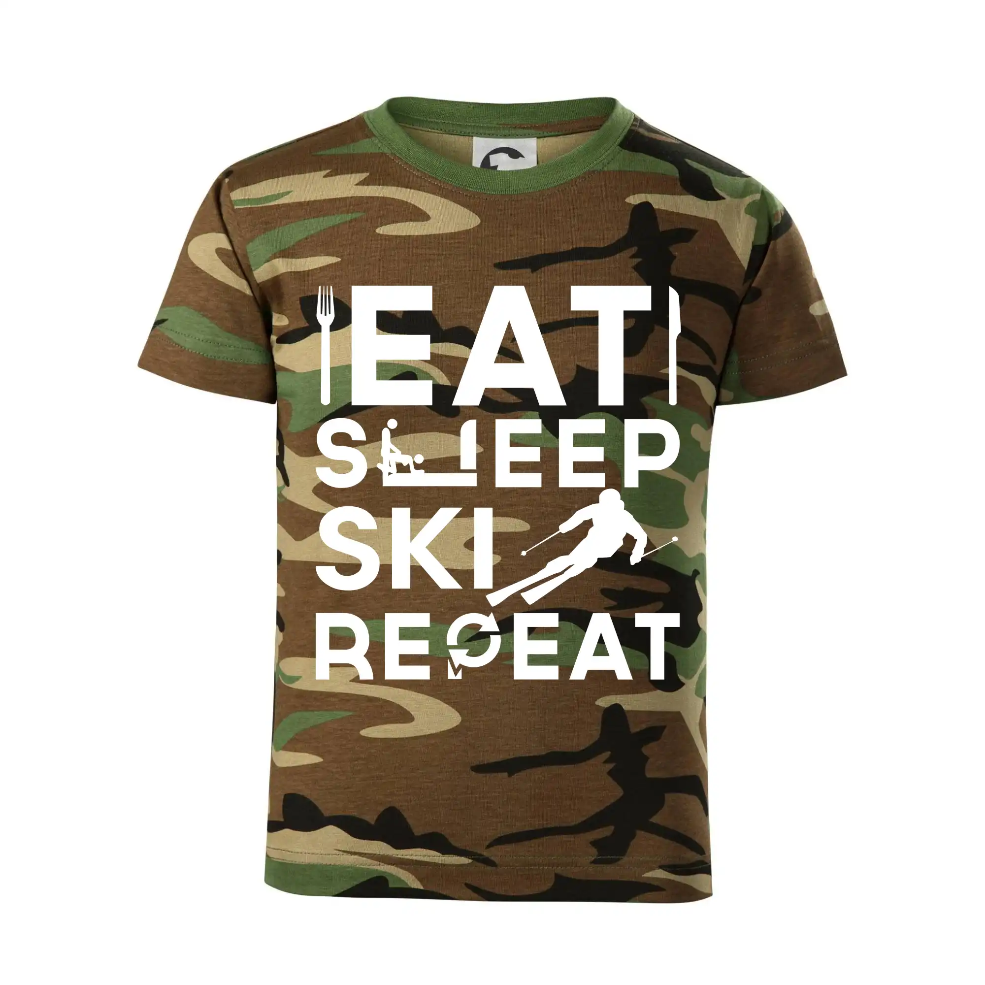 Lyže a Snowboard - Eat sleep ski repeat - Detské maskáčové tričko