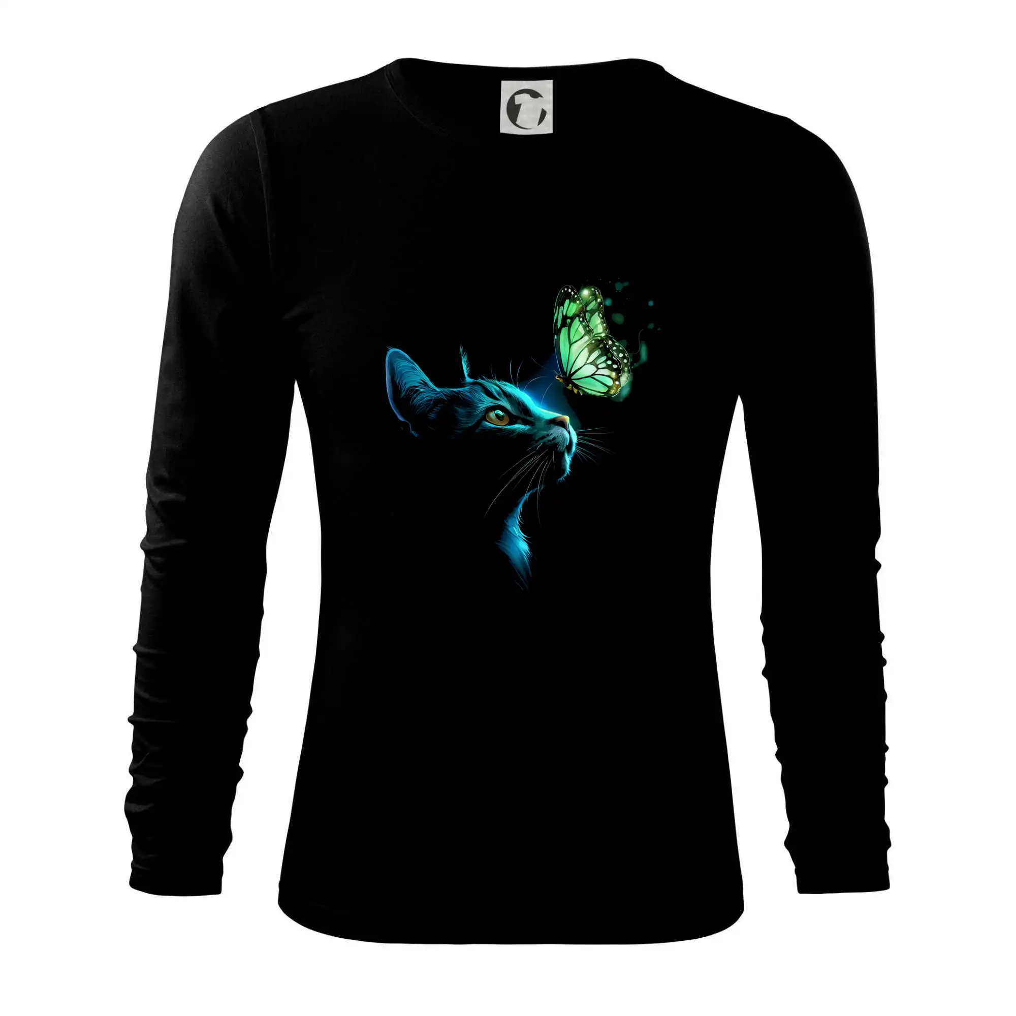 Vtipná tričká s mačkou - Mačka v tme a motýľ - Tričko s dlhým rukávom FIT-T long sleeve