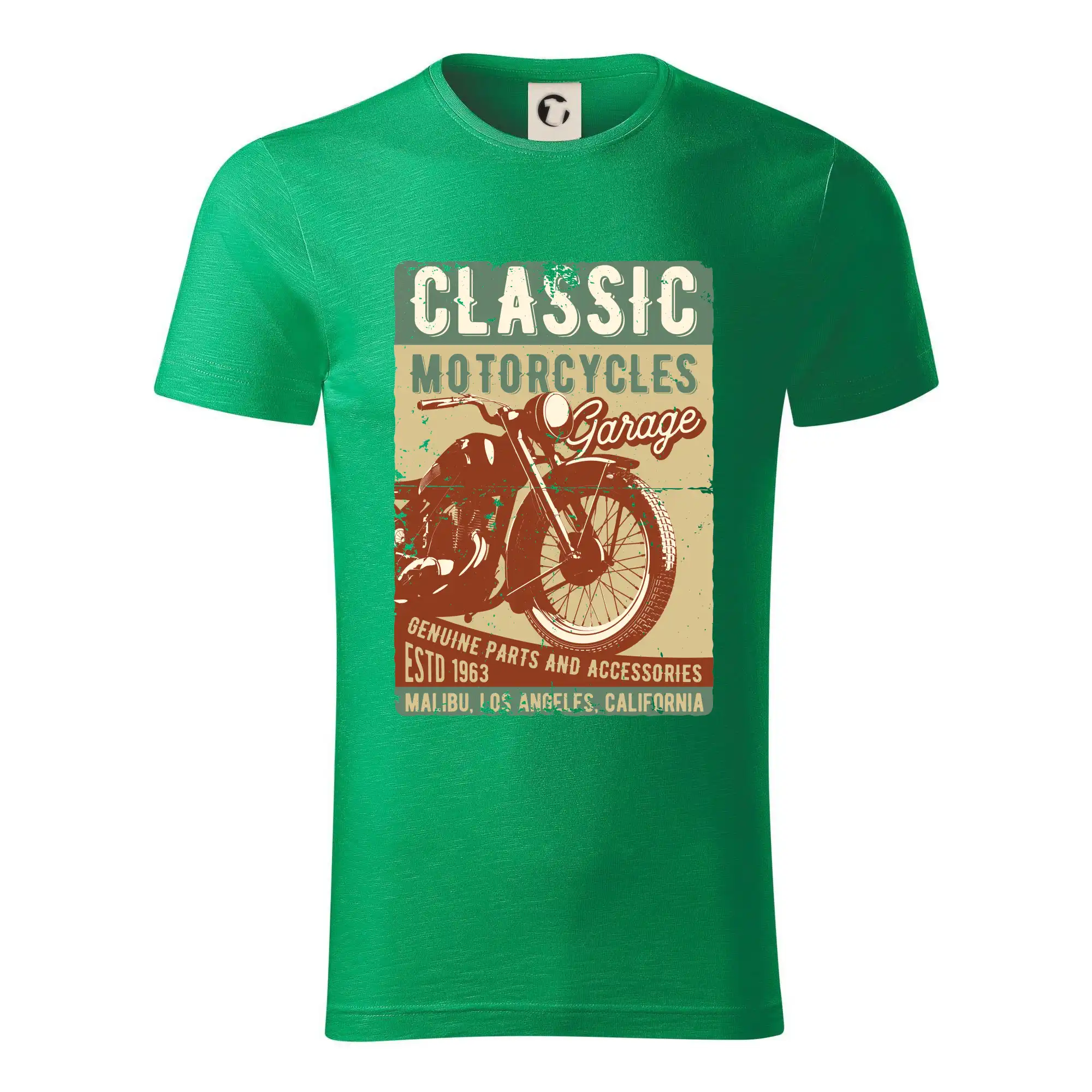 Tričká a mikiny s potlačou motoriek – pre pravých motorkárov - Moto garage malibu - Tričko z organickej bavlny