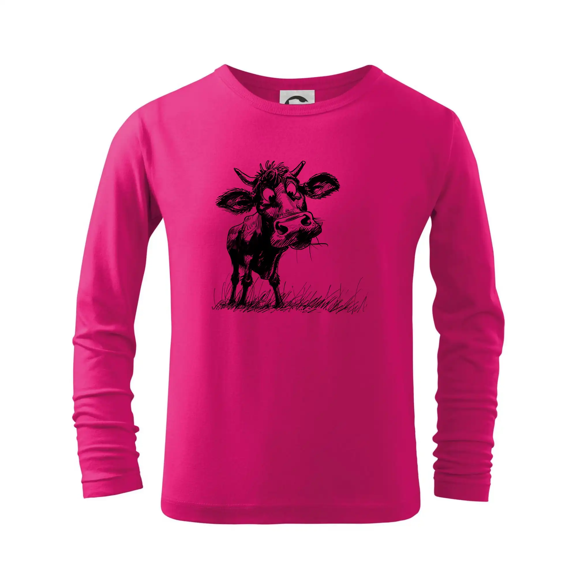 Tričká s kravou - Čiernobiela karikatúra krava stojaca - Tričko detské Long Sleeve