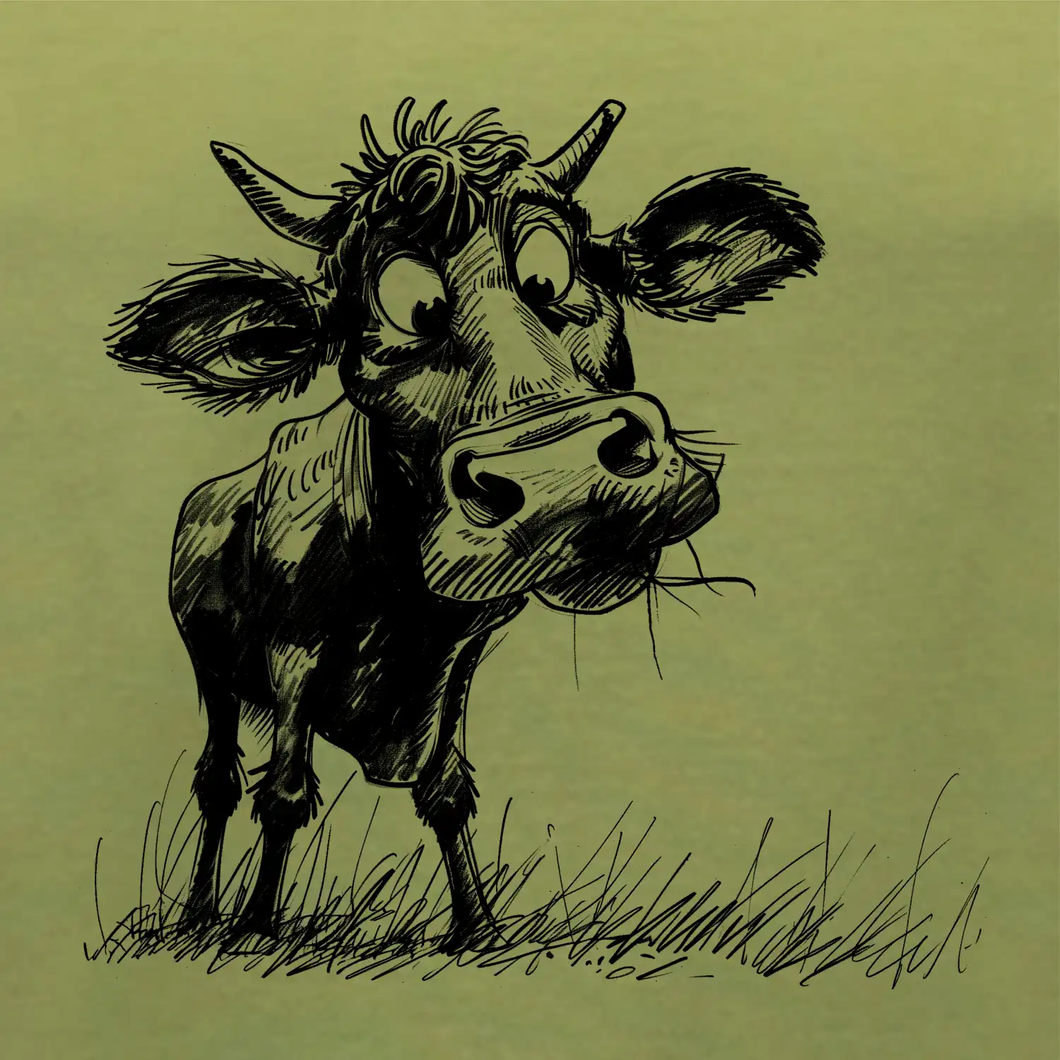 Čiernobiela karikatúra krava stojaca