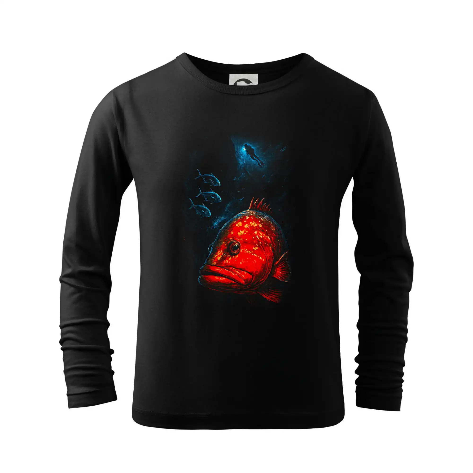 Tričká pre rybárov s potlačou - Červená ryba s potapáčom v pozadí - Tričko detské Long Sleeve
