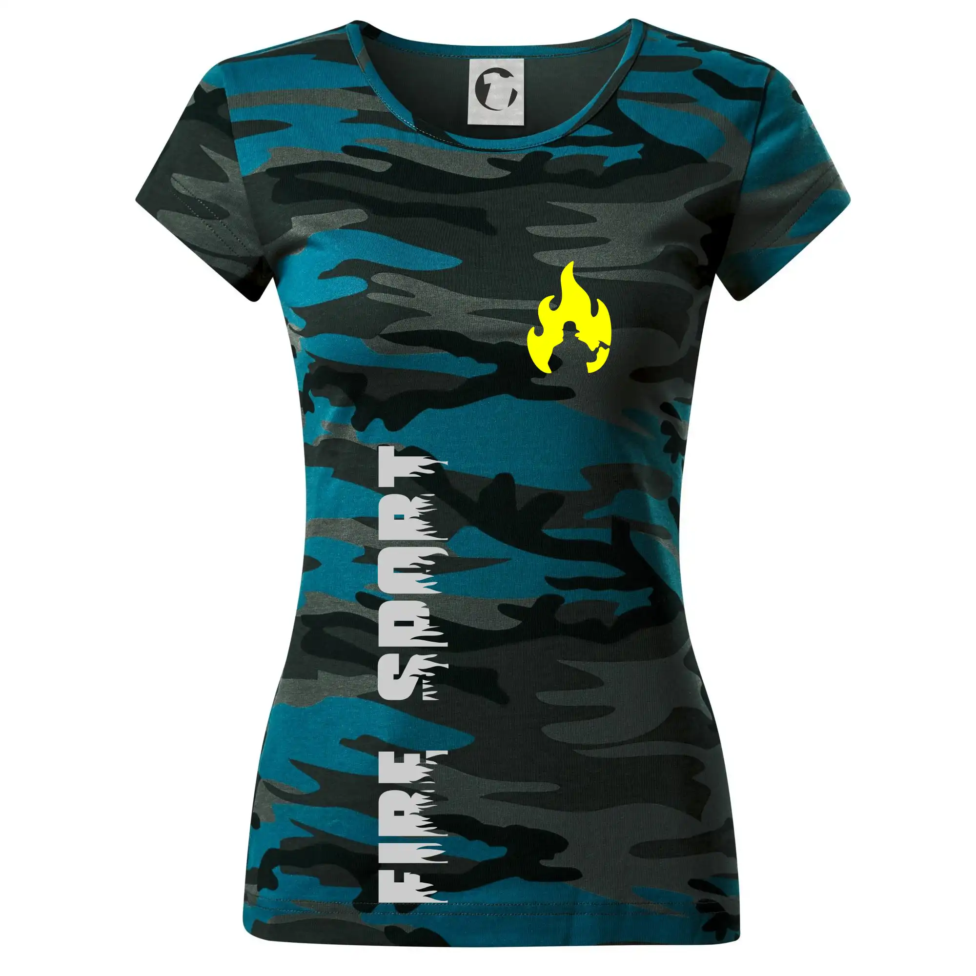 Originálne tričká pre hasičov - DHZ - Váš názov - FLUO + Reflexná potlač - Dámske maskáčové tričko