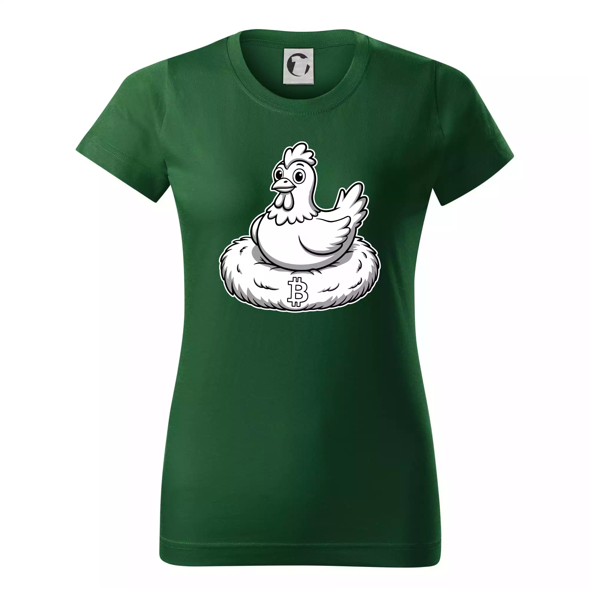 Kuře sedící na bitcoinovém hnízdě