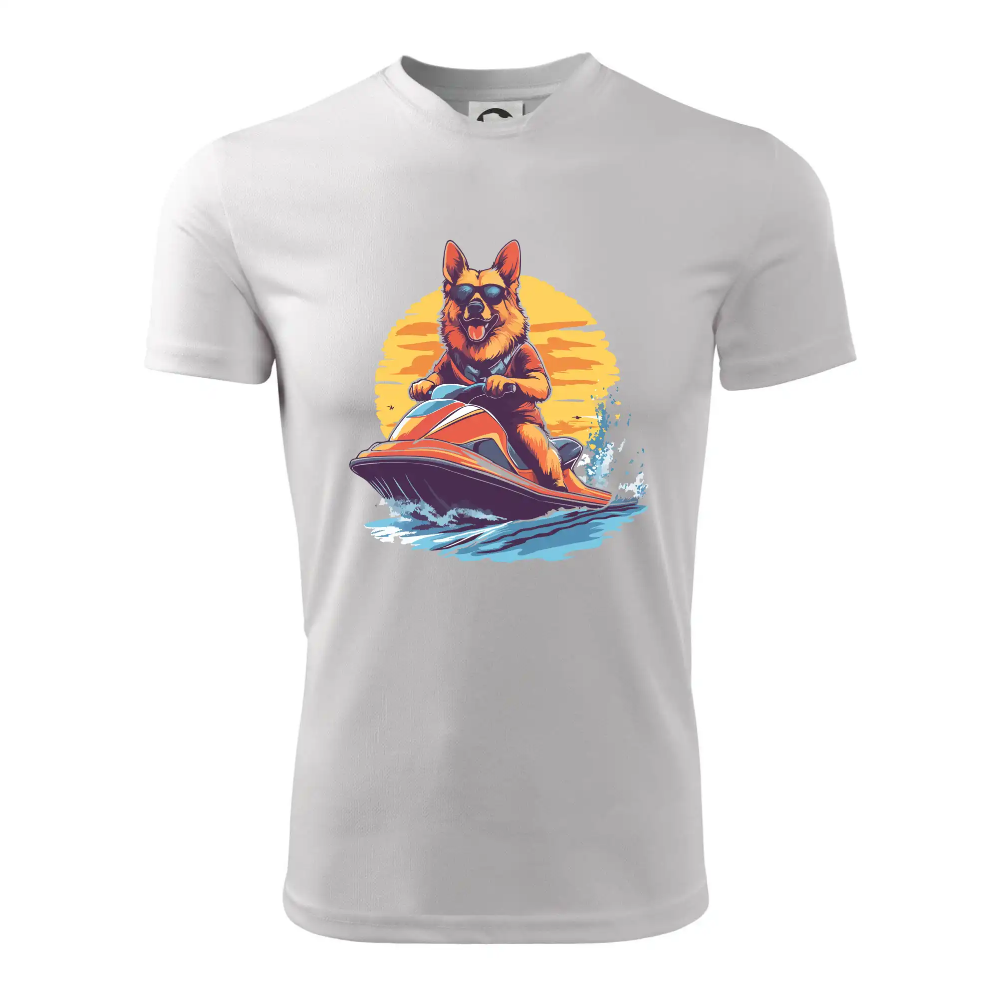 Německý ovčák na vodním skútru